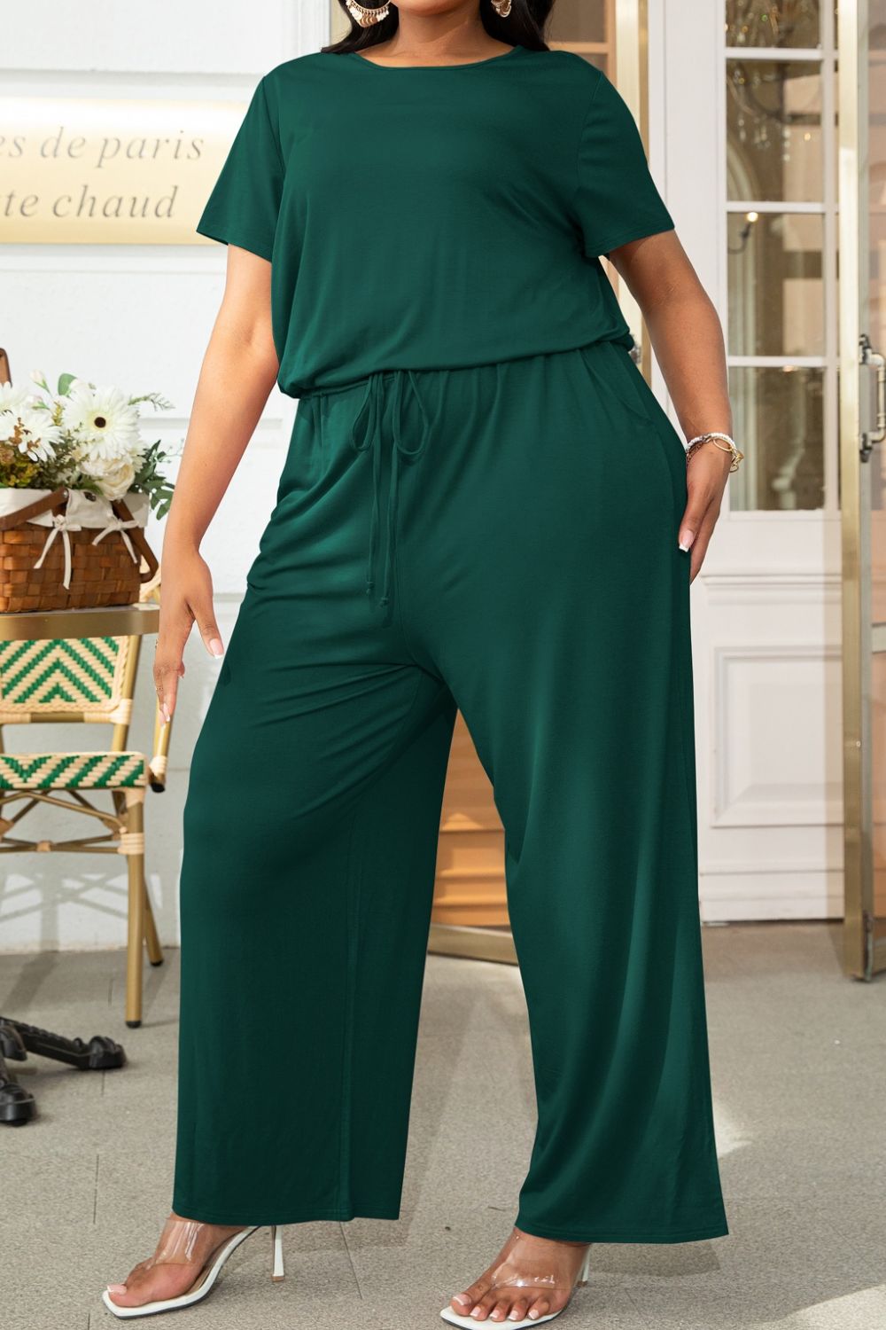 Plus Size Drawstring Waist Short Sleeve Jumpsuit Jumpsuits & Rompers- Doll Fits