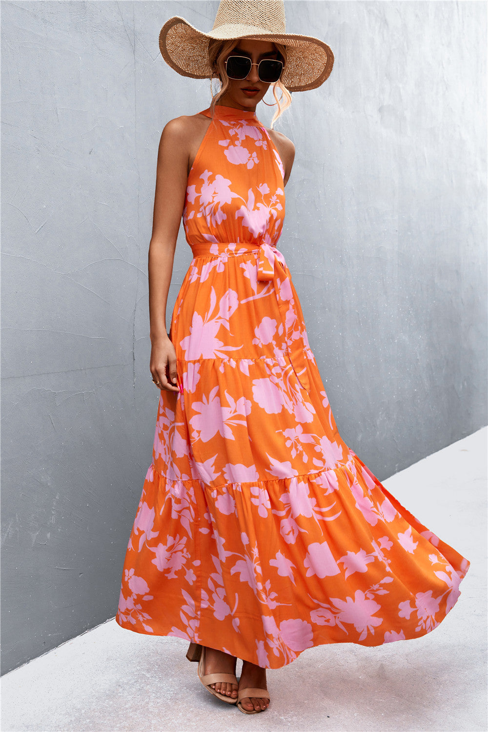 Printed Sleeveless Tie Waist Maxi Dress Dresses- Doll Fits