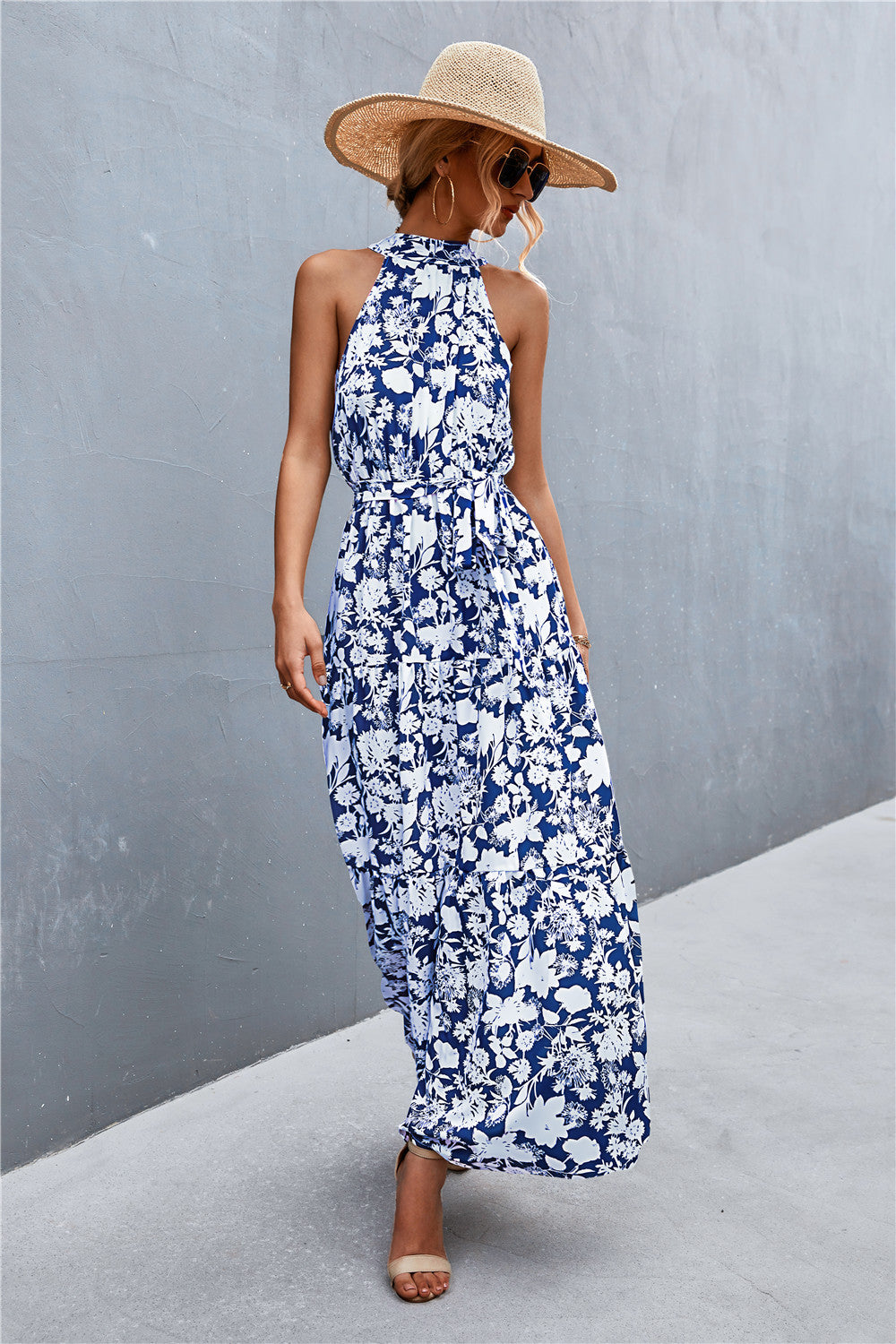 Printed Sleeveless Tie Waist Maxi Dress Dresses- Doll Fits