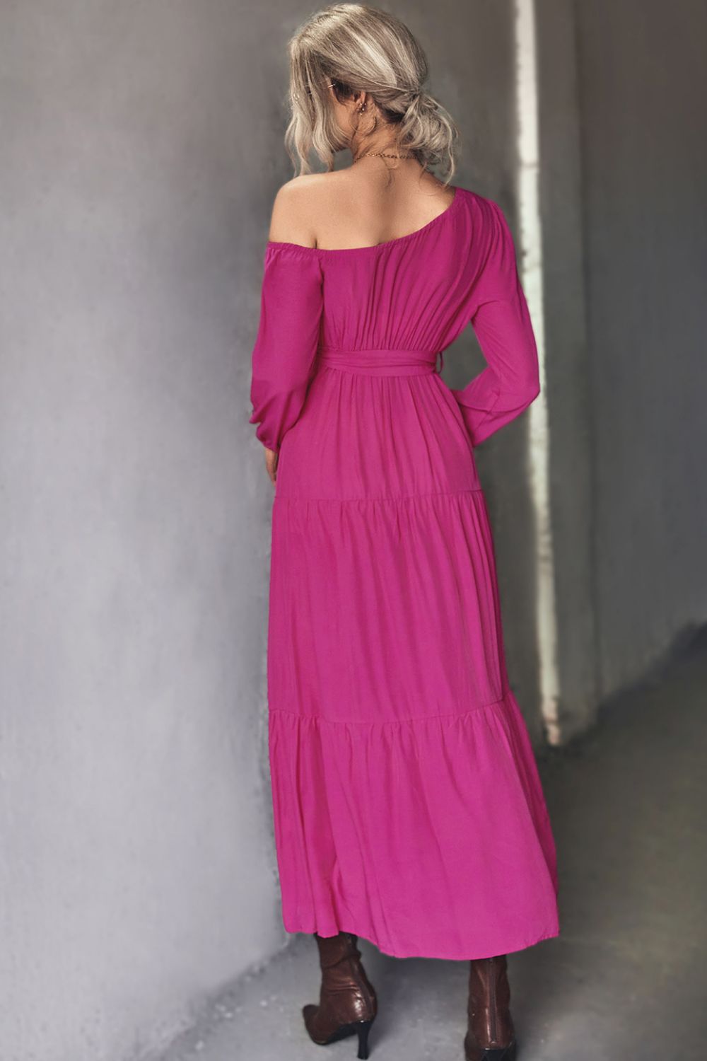 Belted One-Shoulder Tiered Maxi Dress  Dresses- Doll Fits