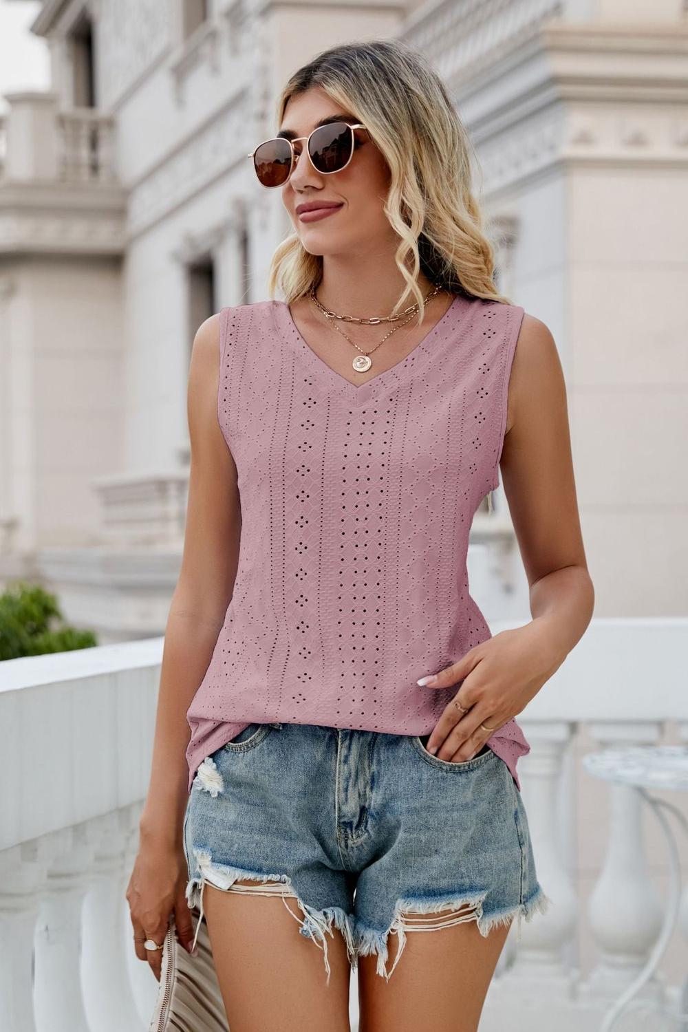 Eyelet V-Neck Tank Shirts & Tops- Doll Fits