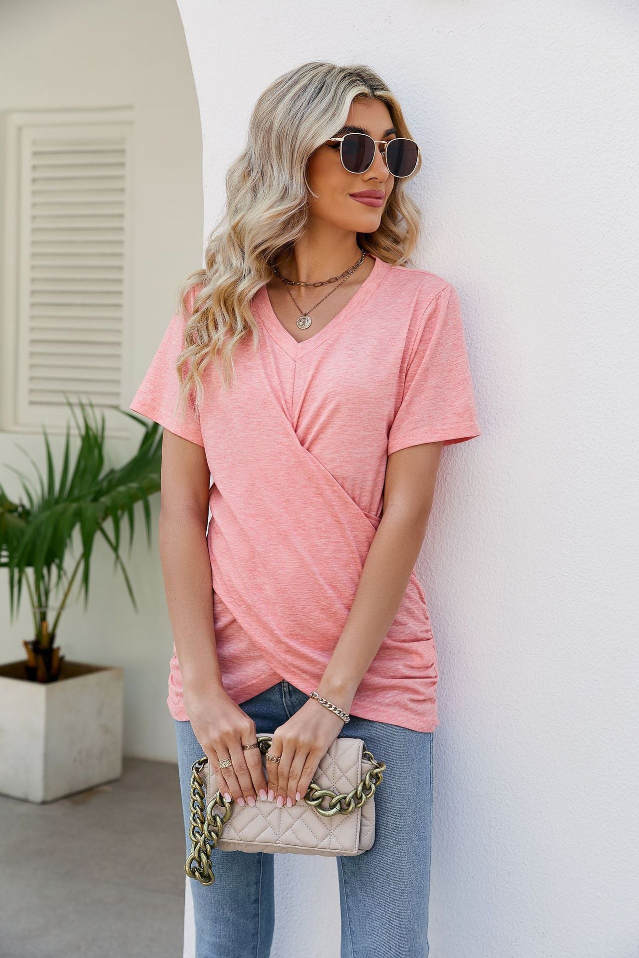V-Neck Crisscross Short Sleeve Tee Shirts & Tops- Doll Fits