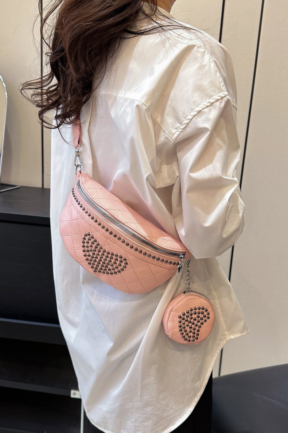 Studded PU Leather Sling Bag with Small Purse - Doll Fits
