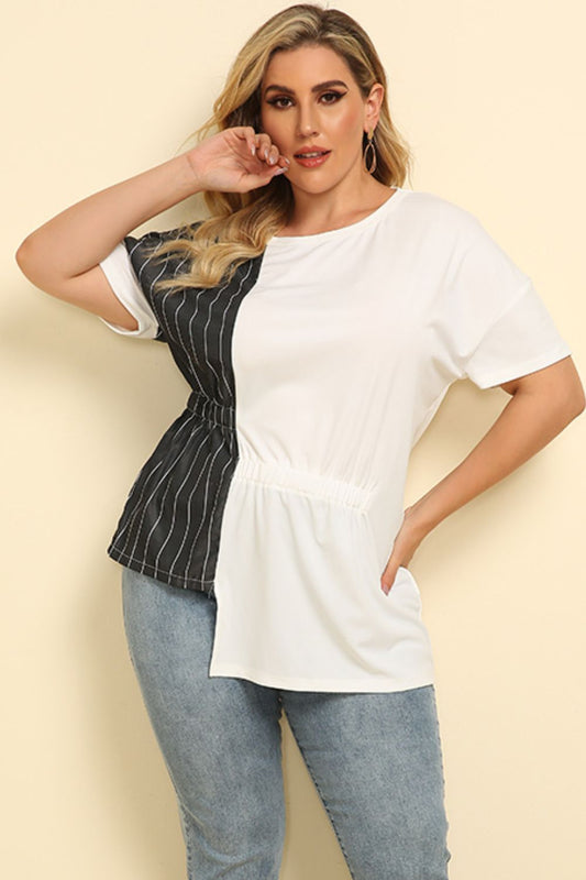 Plus Size Striped Color Block Asymmetrical T-Shirt  Shirts & Tops- Doll Fits