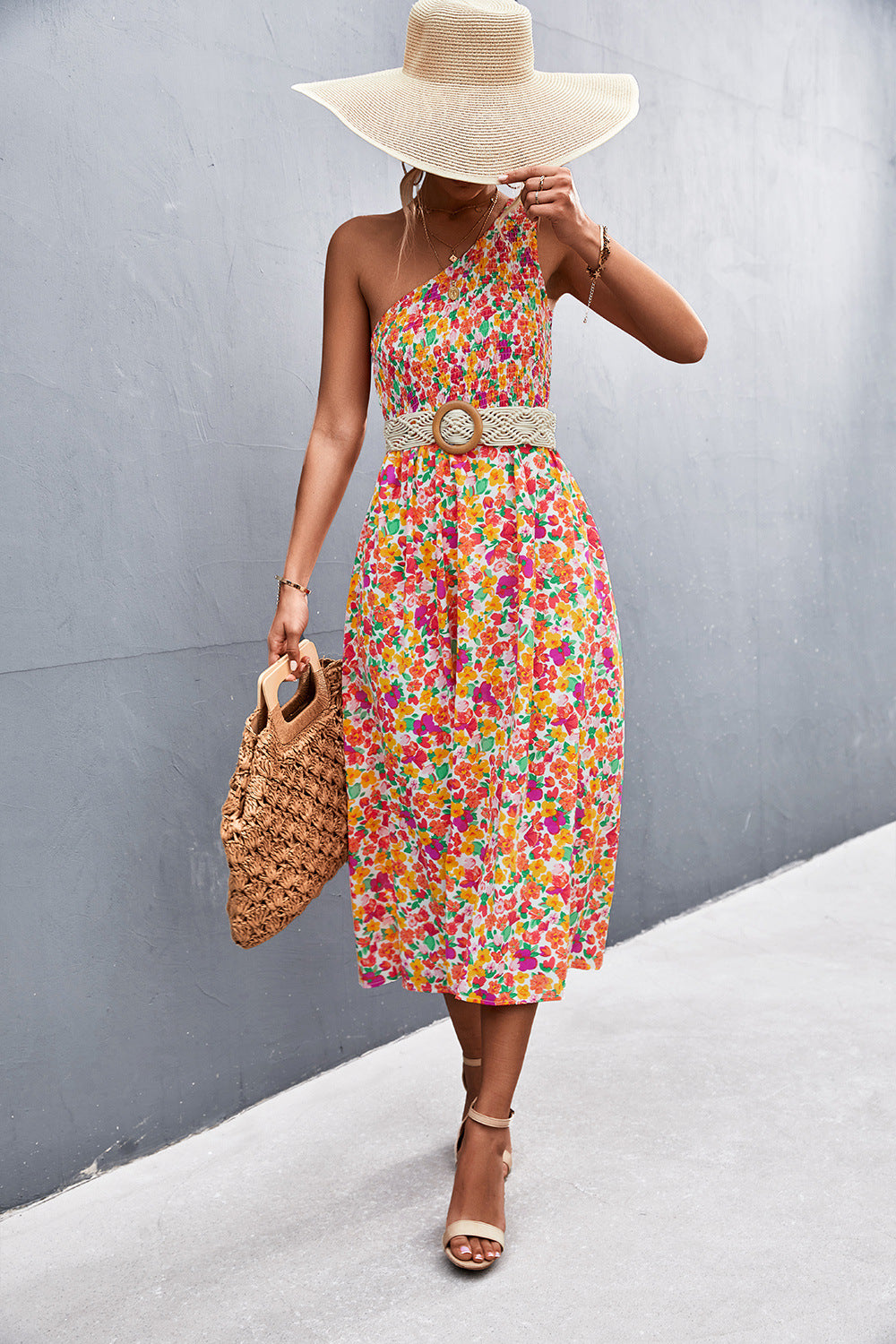 Floral Smocked One-Shoulder Midi Dress Dresses- Doll Fits