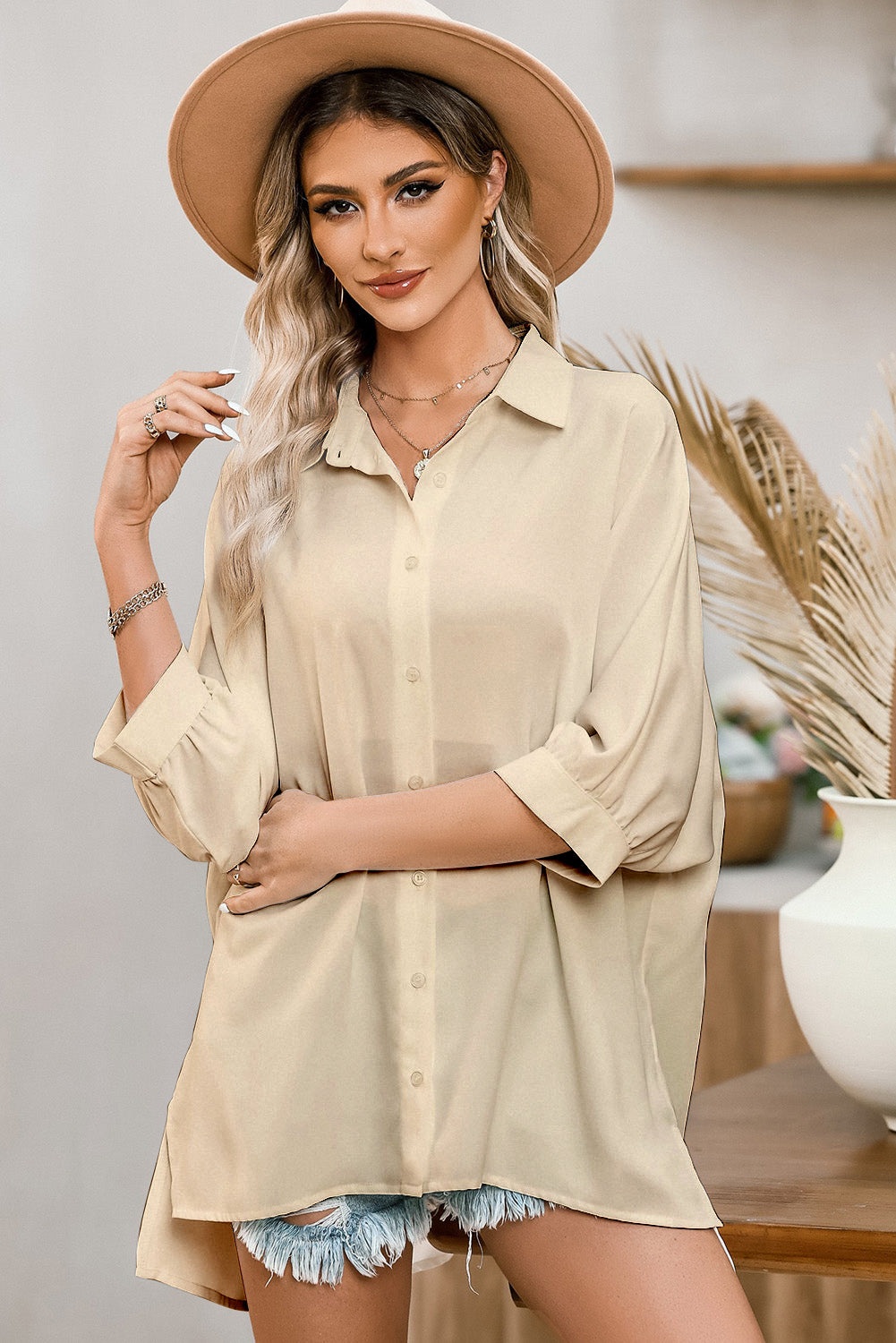 Three-Quarter Sleeve Slit Shirt Shirts & Tops- Doll Fits