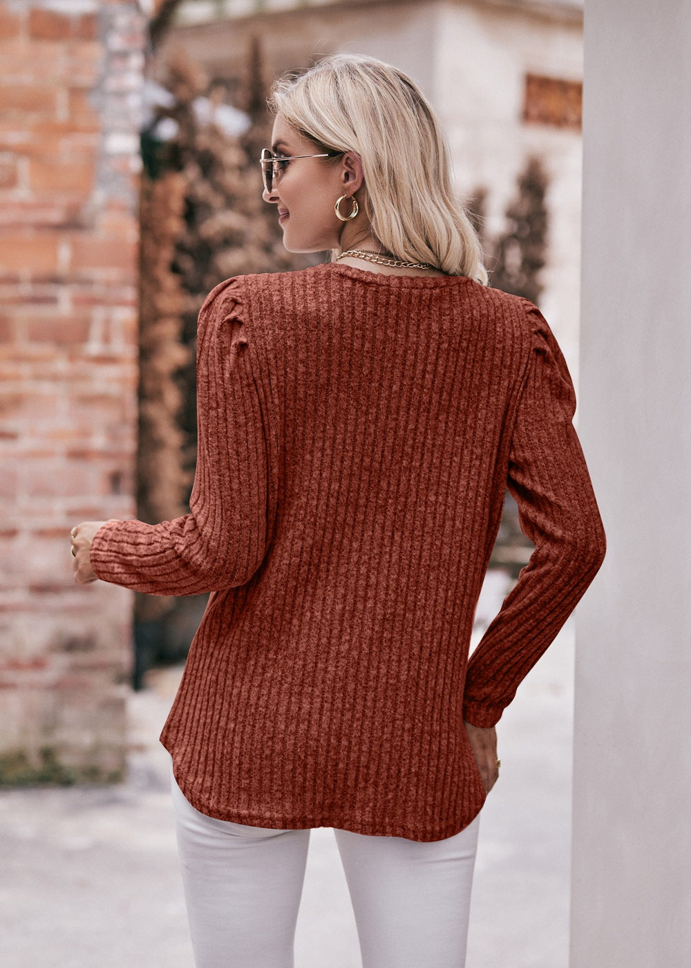 Round Neck Puff Sleeve Ribbed Top Shirts & Tops- Doll Fits