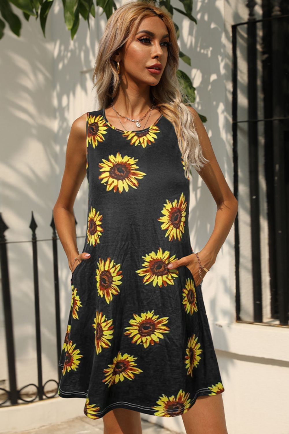 Printed Round Neck Sleeveless Dress with Pockets Dresses- Doll Fits