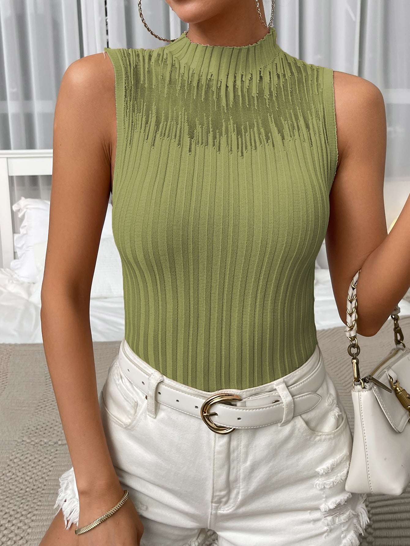 Mock Neck Ribbed Knit Tank Shirts & Tops- Doll Fits
