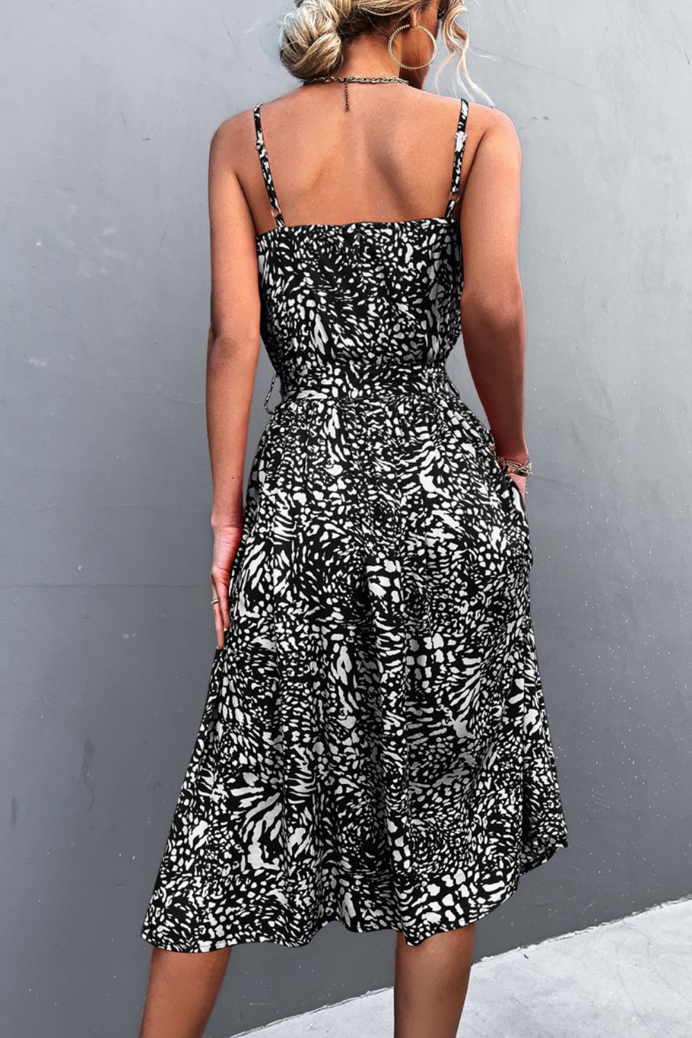 Printed Spaghetti Strap Decorative Button Belted Dress  Dresses- Doll Fits