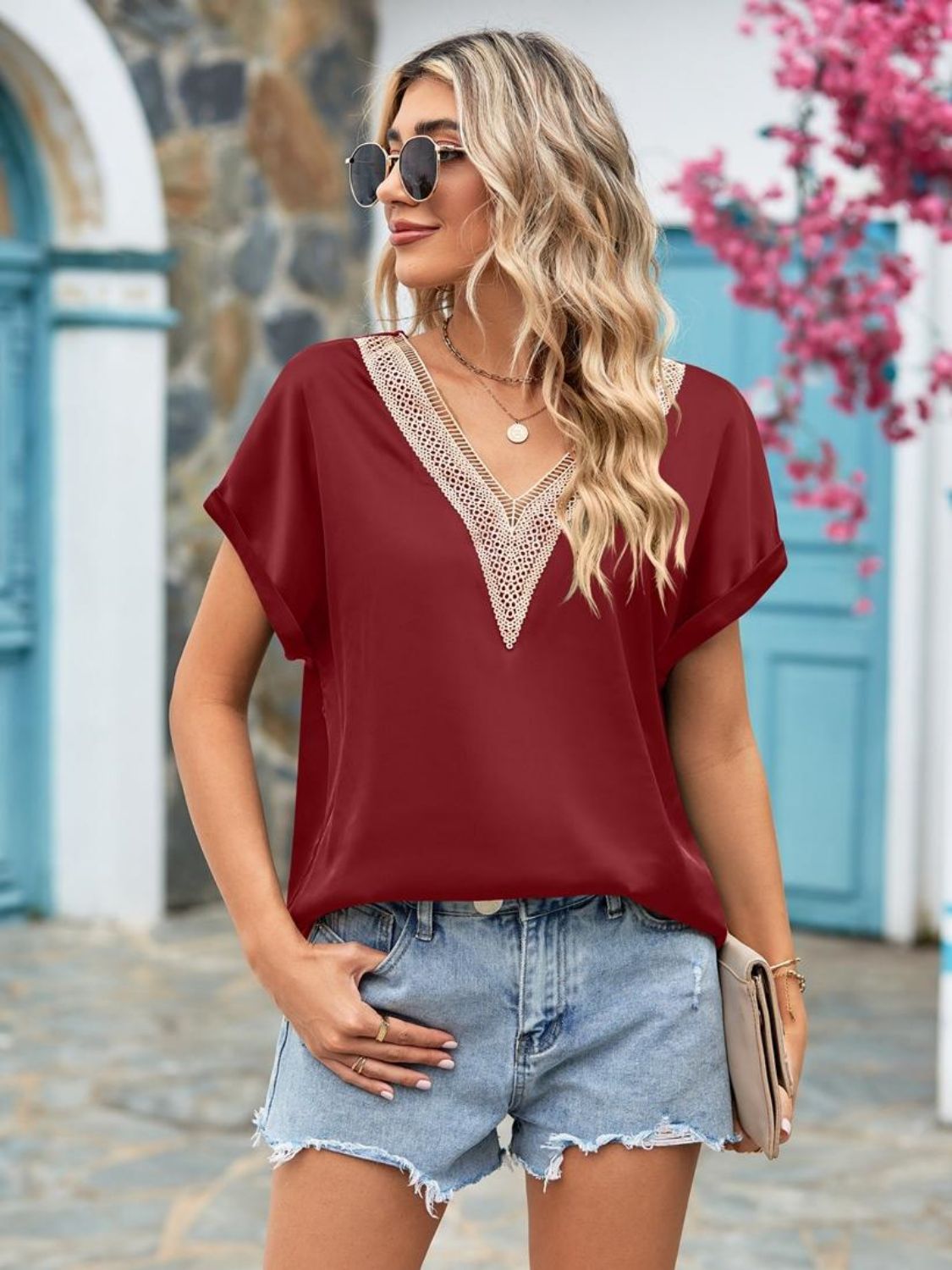 V-Neck Cuffed Blouse Shirts & Tops- Doll Fits