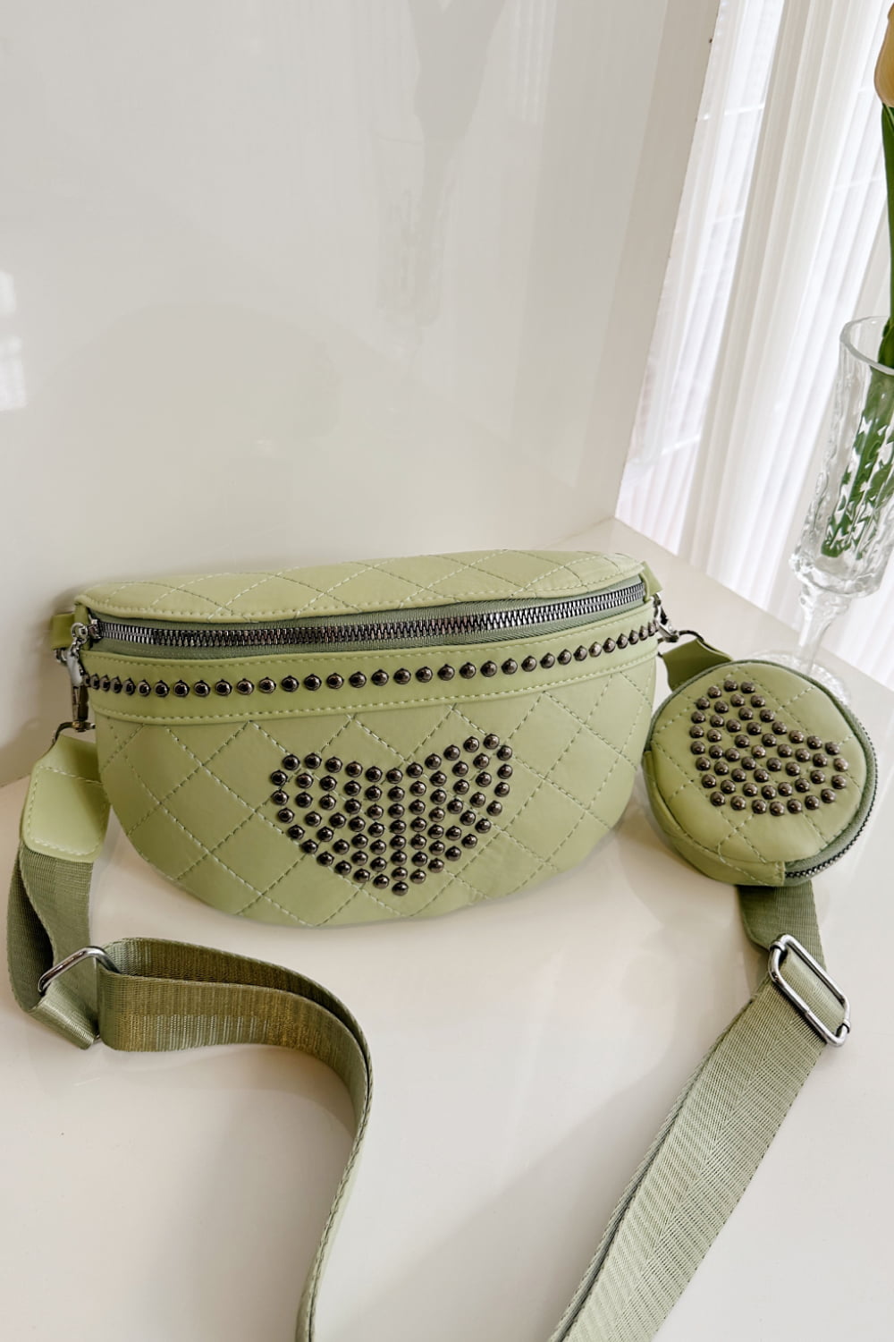 Studded PU Leather Sling Bag with Small Purse - Doll Fits