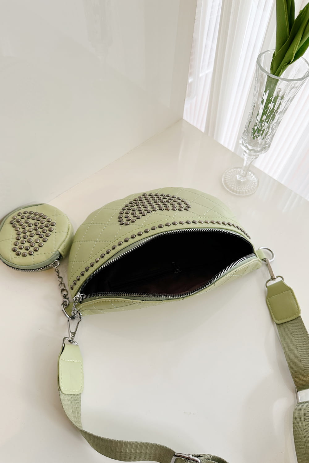 Studded PU Leather Sling Bag with Small Purse - Doll Fits