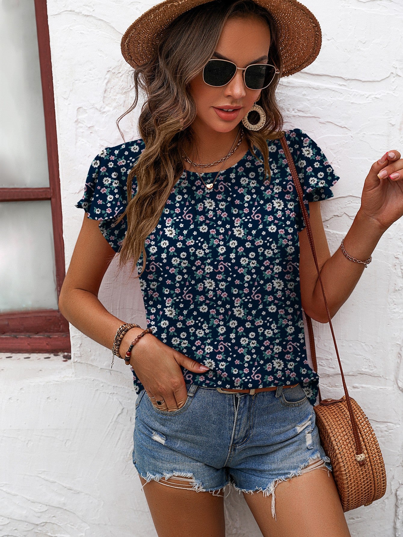 Textured Flutter Sleeve Blouse Shirts & Tops- Doll Fits