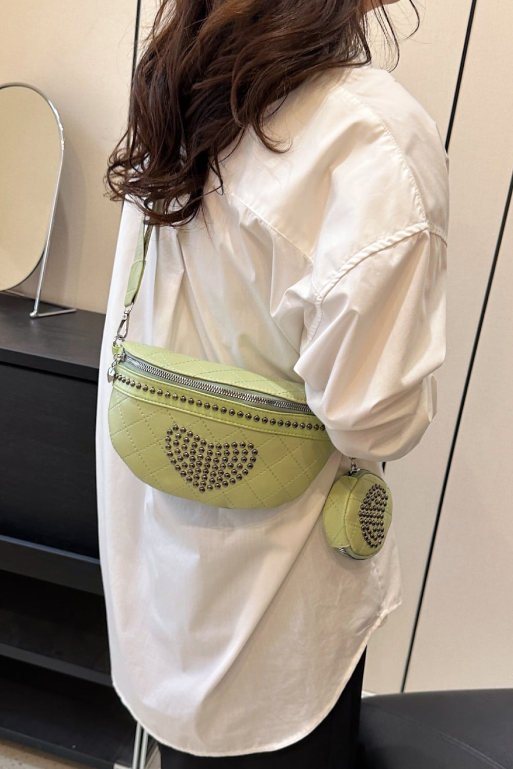 Studded PU Leather Sling Bag with Small Purse - Doll Fits