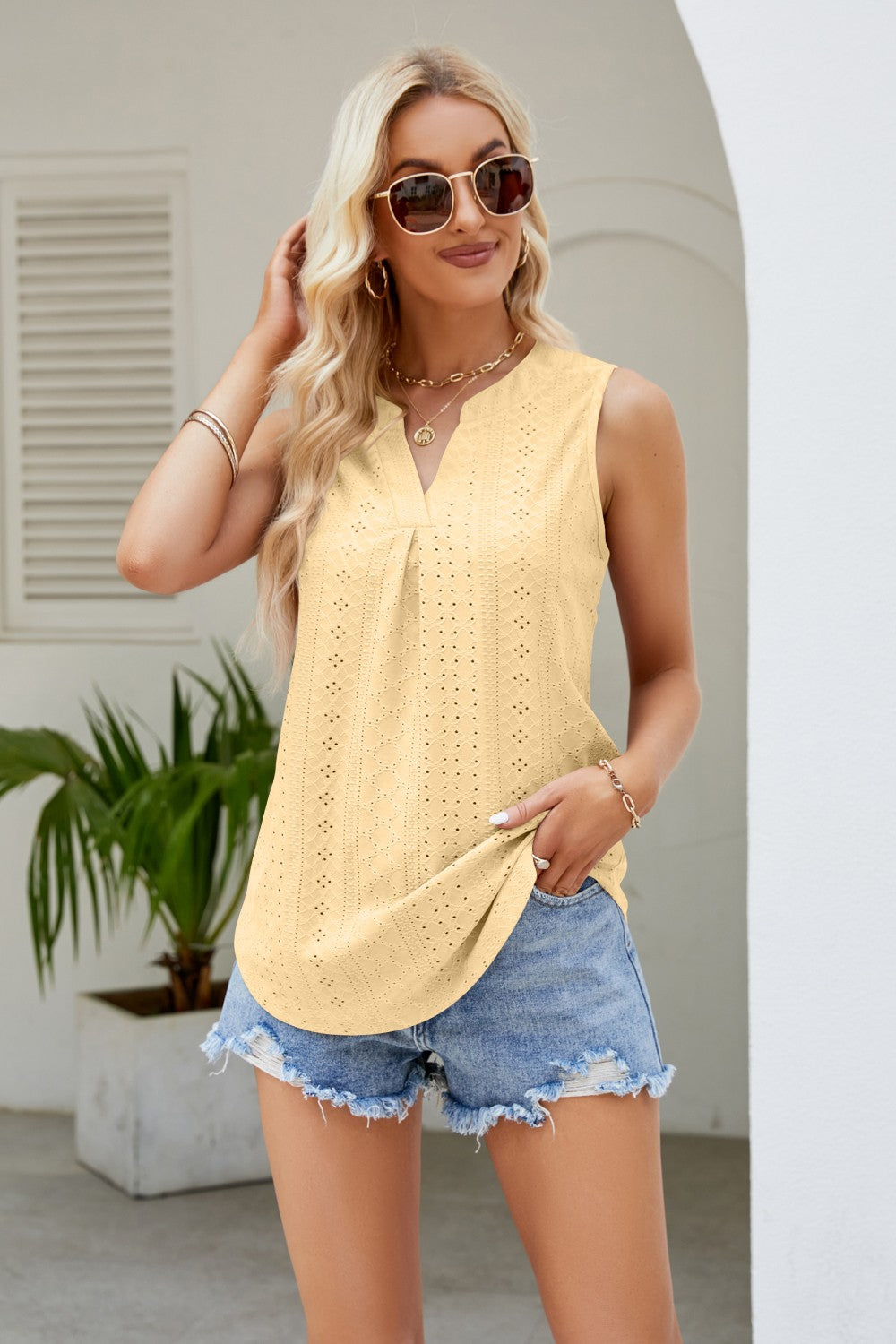 Notched Neck Curved Hem Eyelet Tank Shirts & Tops- Doll Fits