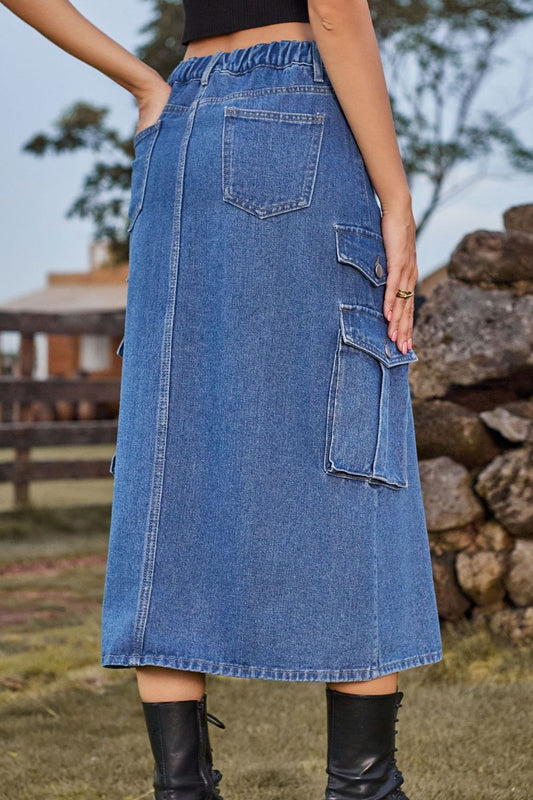 Slit Front Midi Denim Skirt with Pockets  Skirts- Doll Fits