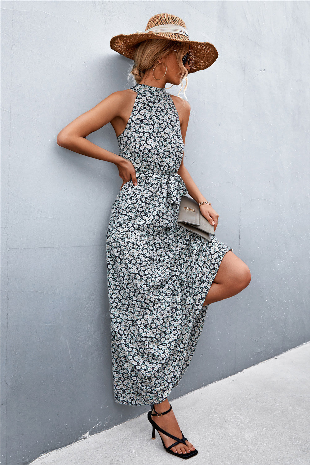 Printed Sleeveless Tie Waist Maxi Dress Dresses- Doll Fits
