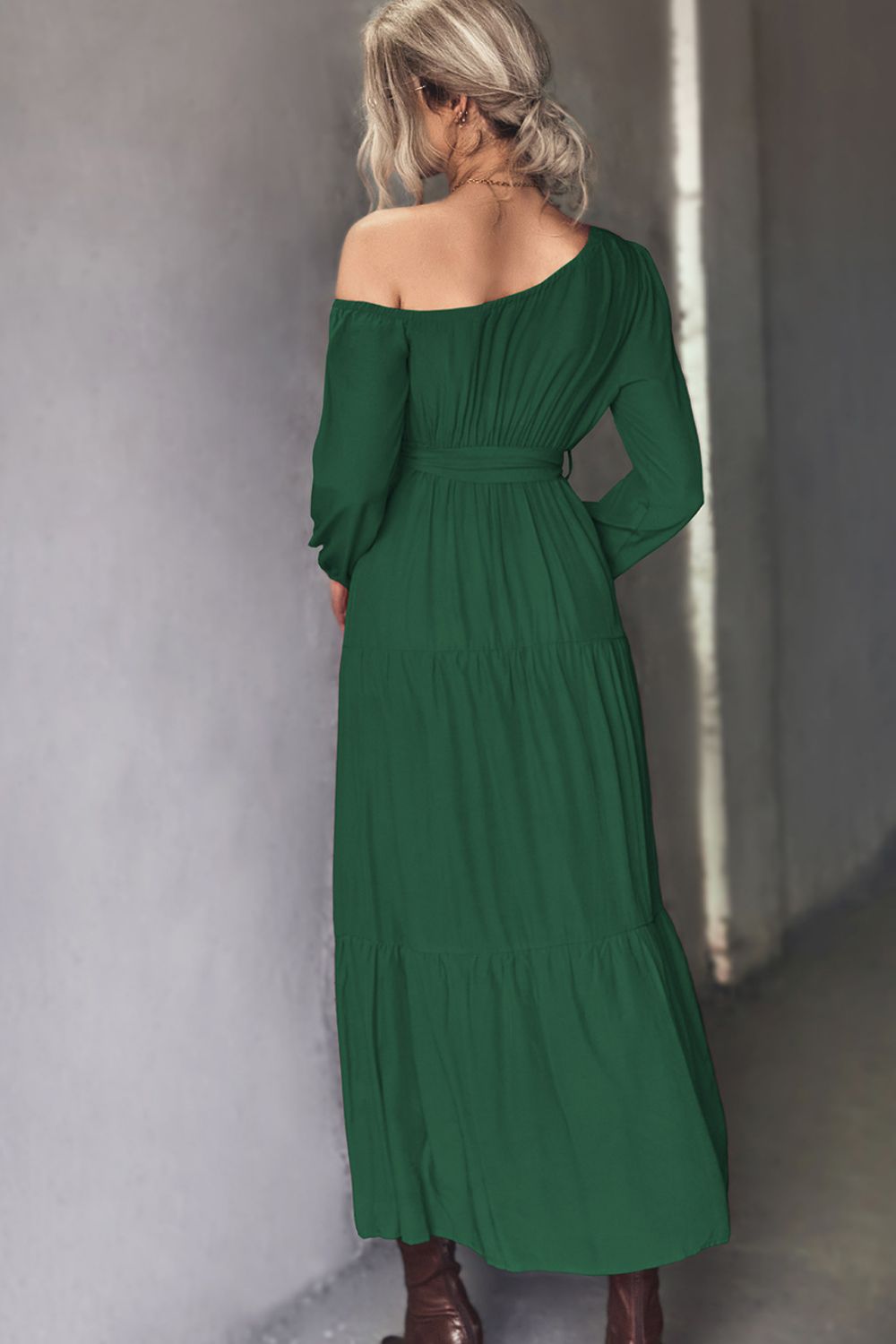 Belted One-Shoulder Tiered Maxi Dress  Dresses- Doll Fits