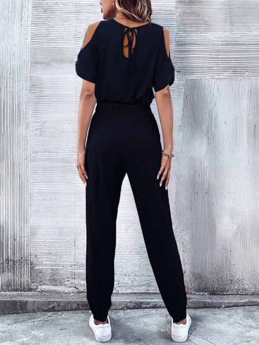 V-Neck Cold-Shoulder Jumpsuit with Pockets  Jumpsuits & Rompers- Doll Fits