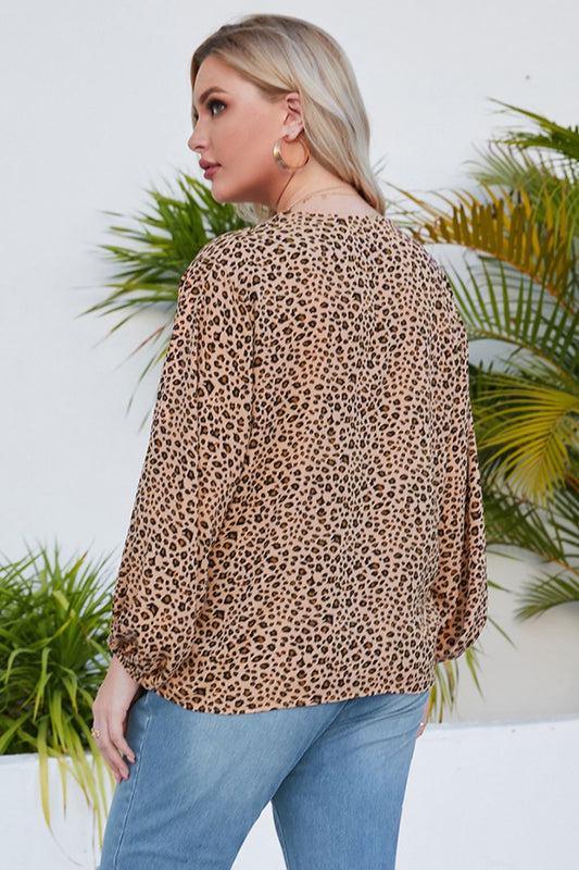 Plus Size Animal Print Balloon Sleeve V-Neck Blouse  Shirts & Tops- Doll Fits