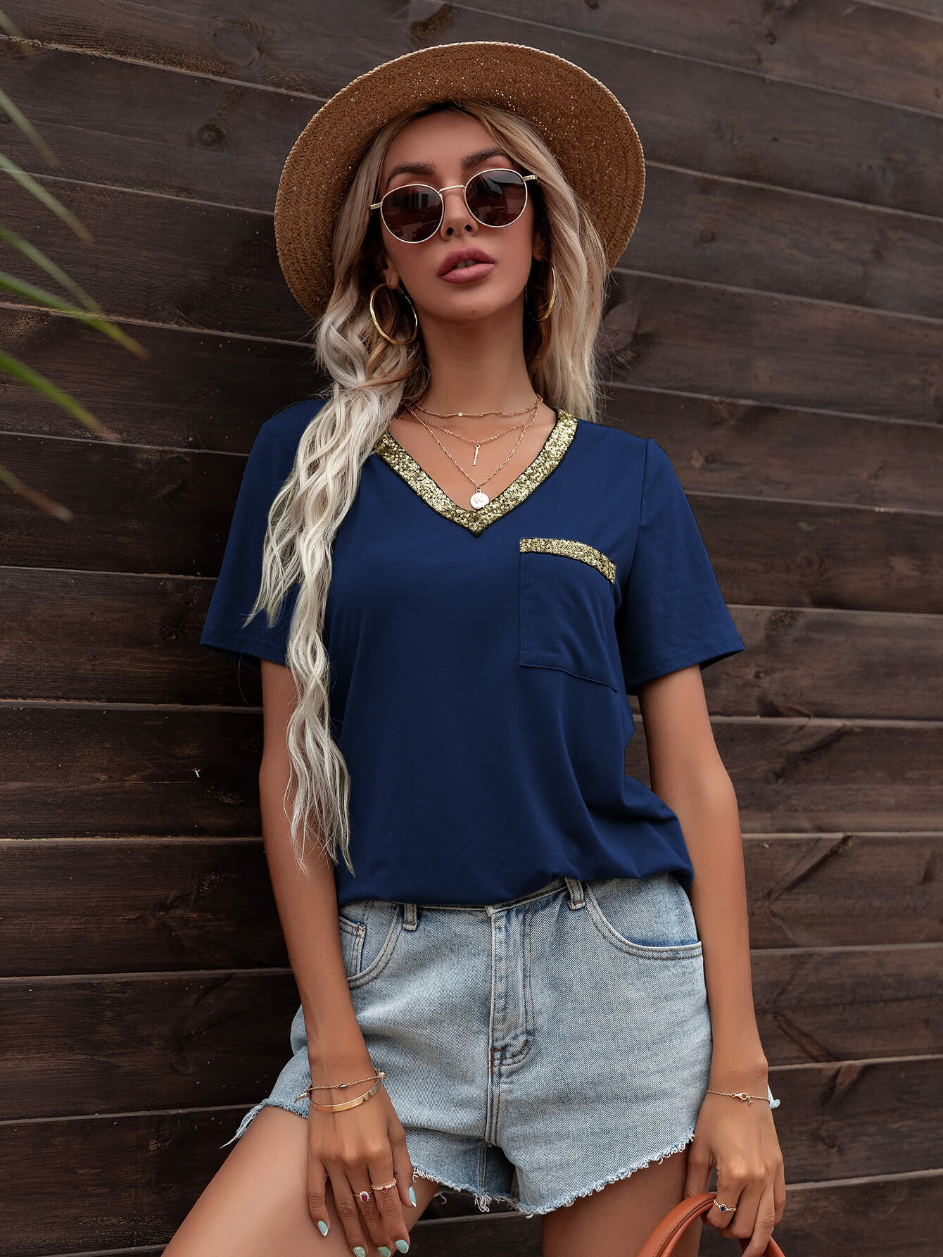 Glitter V-Neck Short Sleeve Tee Shirt Shirts & Tops- Doll Fits