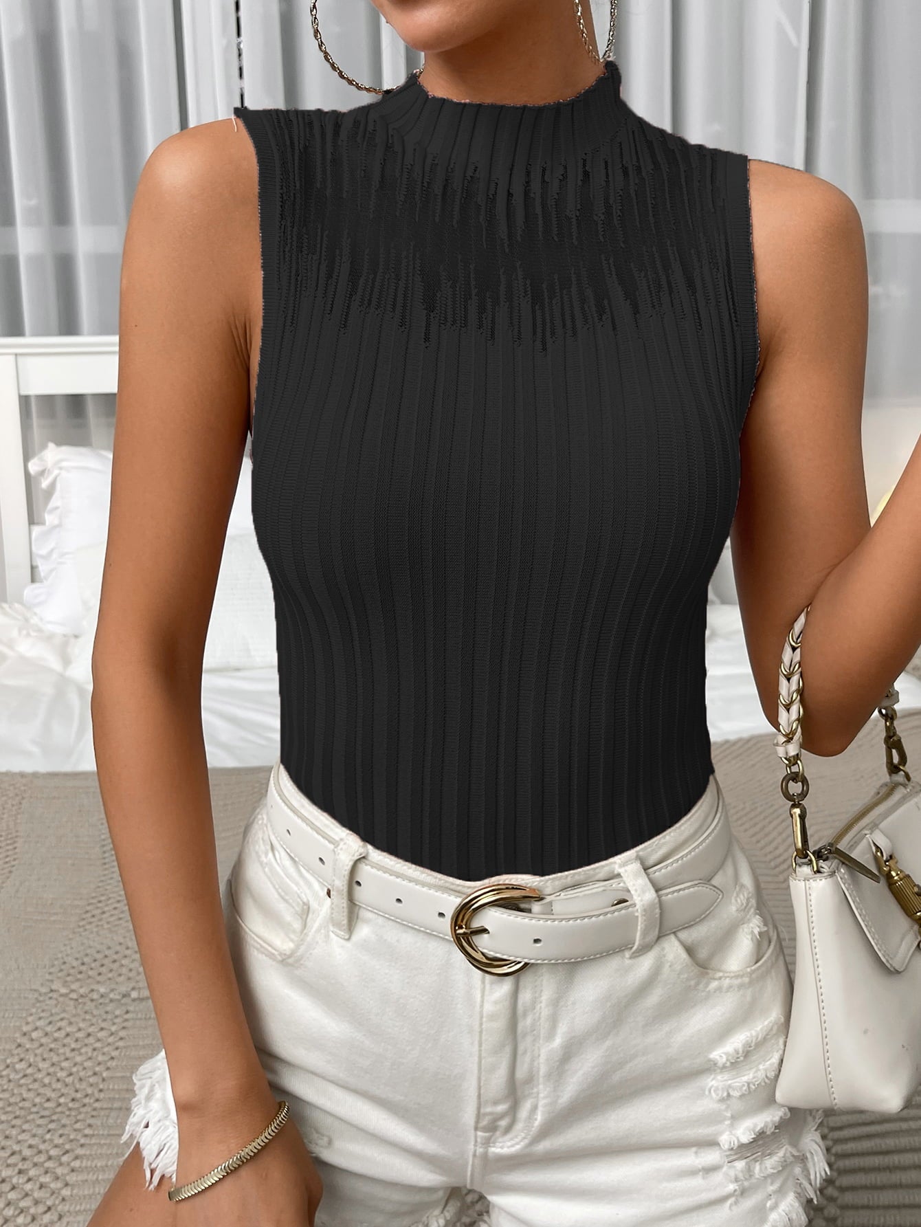 Mock Neck Ribbed Knit Tank Shirts & Tops- Doll Fits