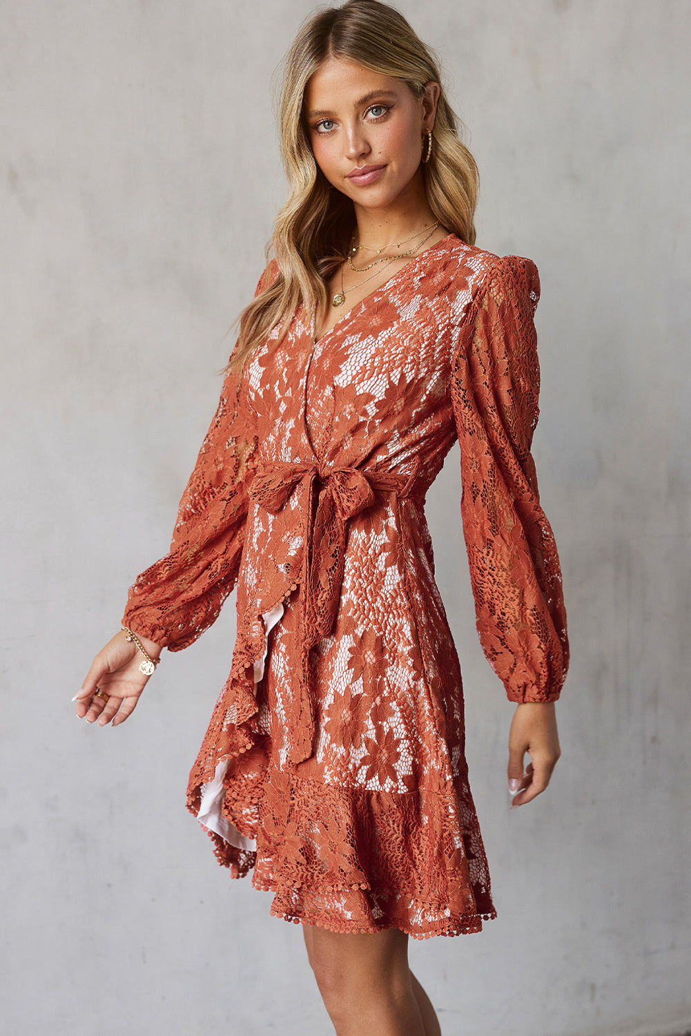 Pompom Trim Puff Sleeve Belted Lace Dress Dresses- Doll Fits