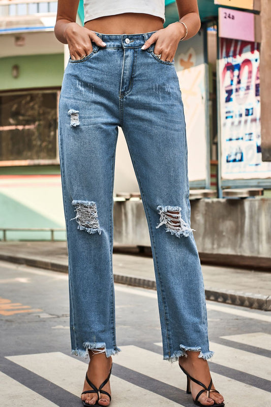 Distresssed Buttoned Loose Fit Jeans  - Doll Fits