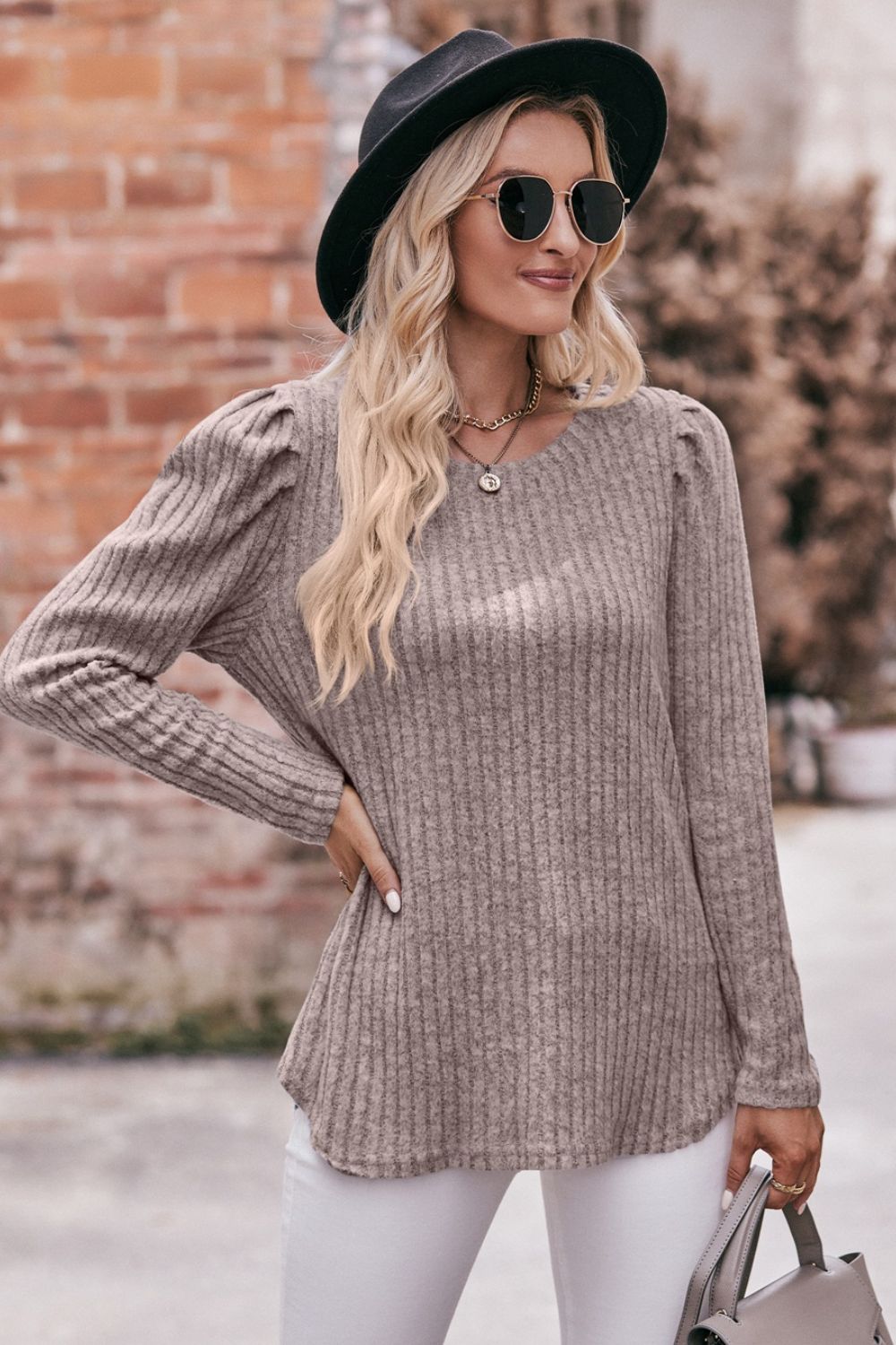 Round Neck Puff Sleeve Ribbed Top Shirts & Tops- Doll Fits
