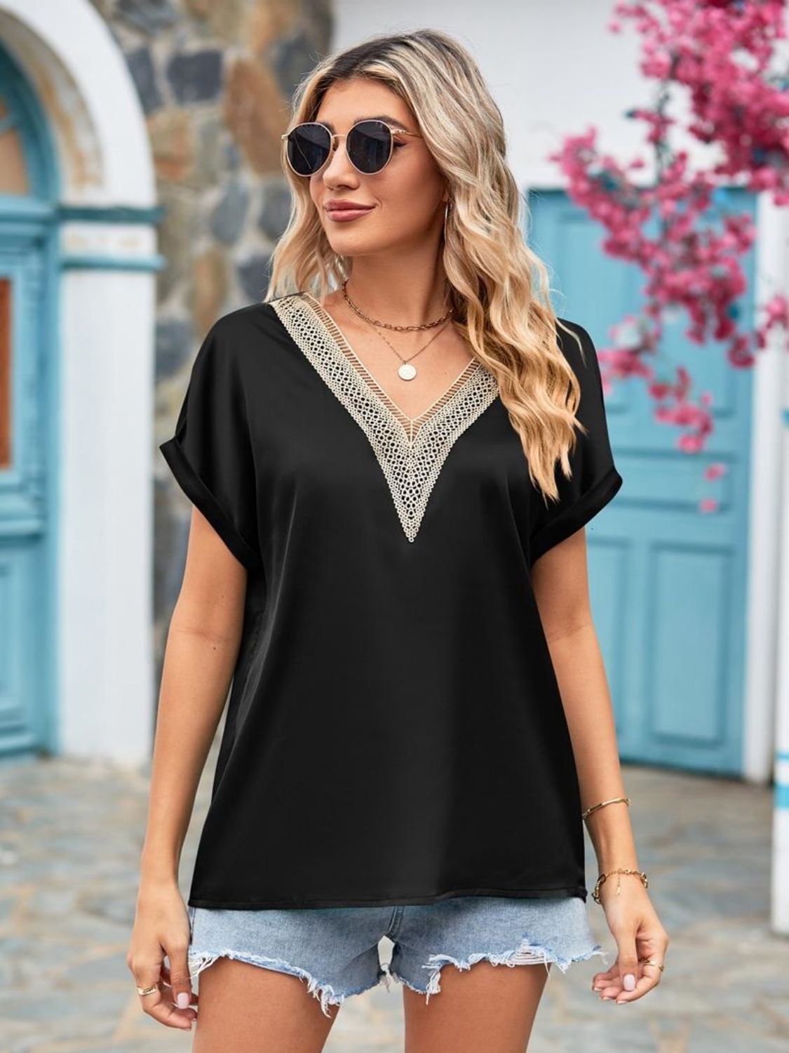 V-Neck Cuffed Blouse Shirts & Tops- Doll Fits