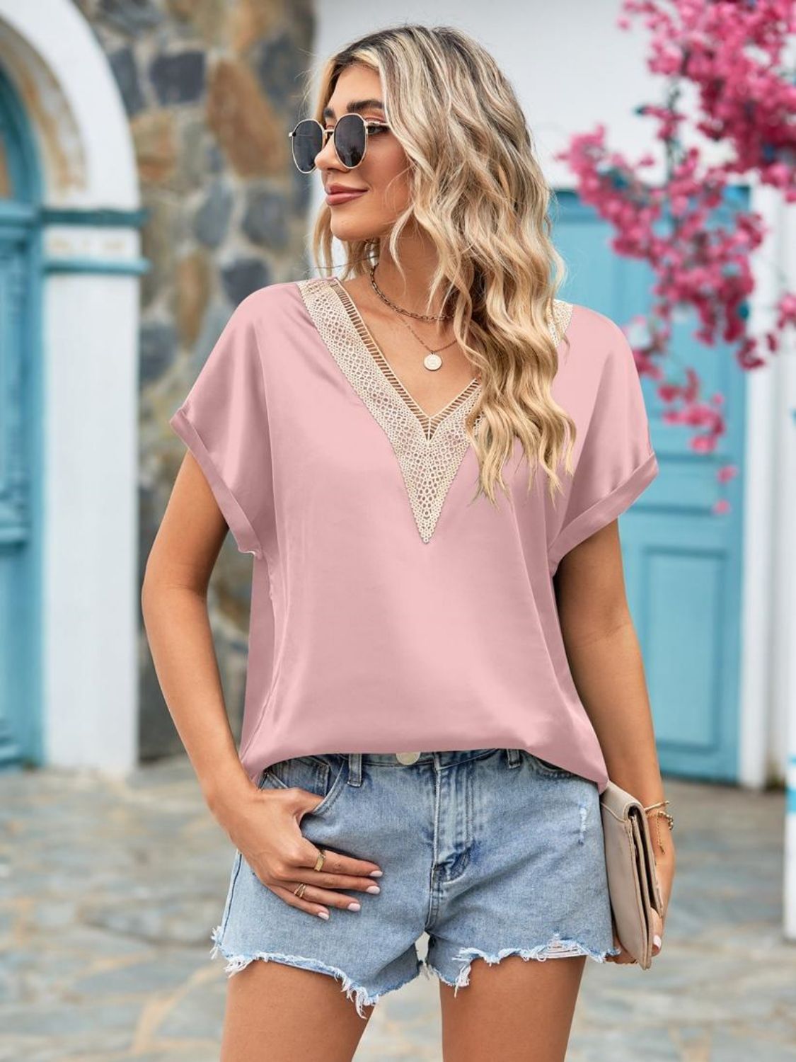 V-Neck Cuffed Blouse Shirts & Tops- Doll Fits