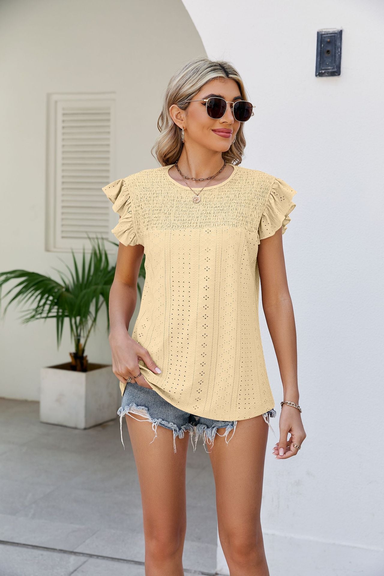 Smocked Round Neck Flutter Sleeve Top Shirts & Tops- Doll Fits