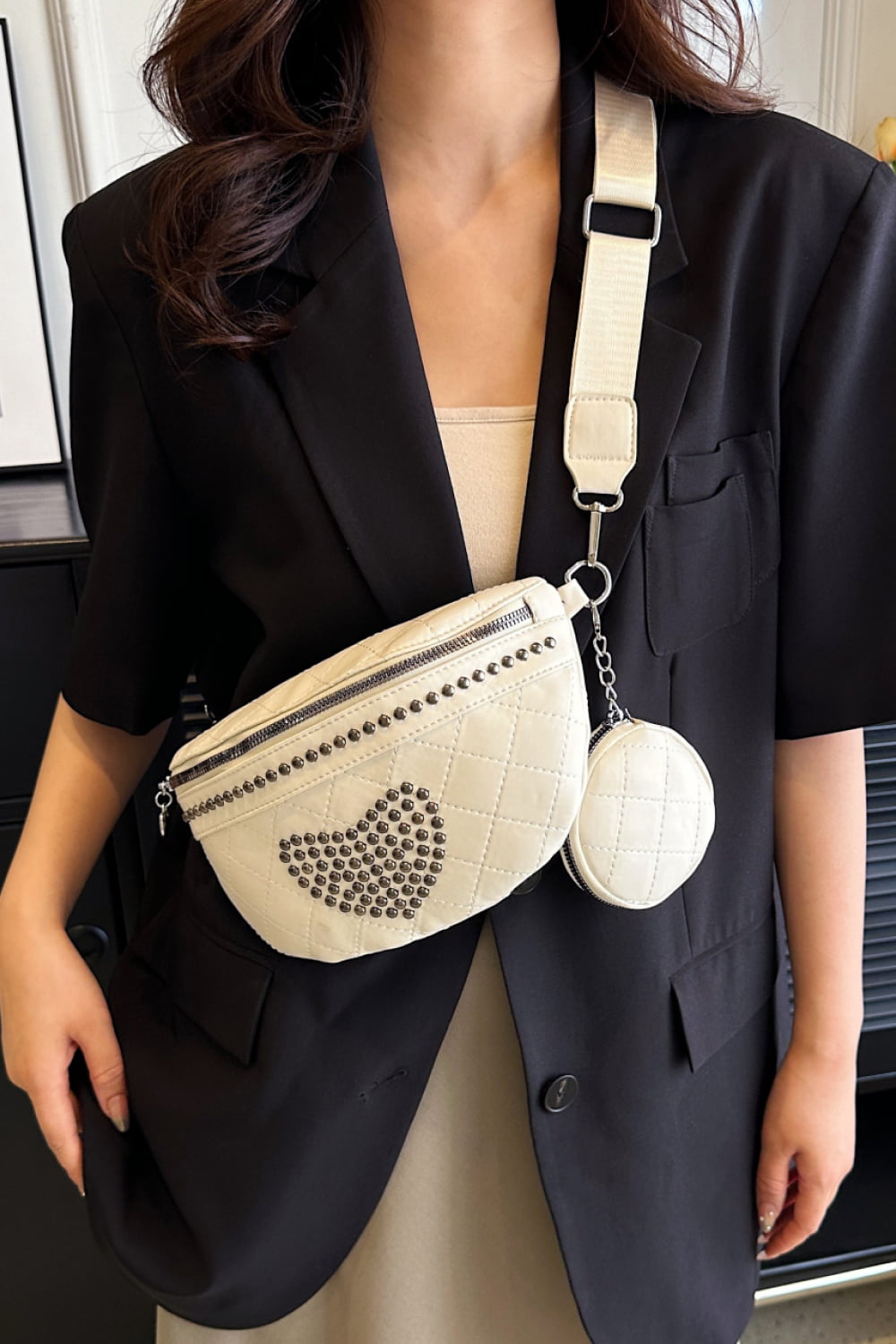 Studded PU Leather Sling Bag with Small Purse - Doll Fits