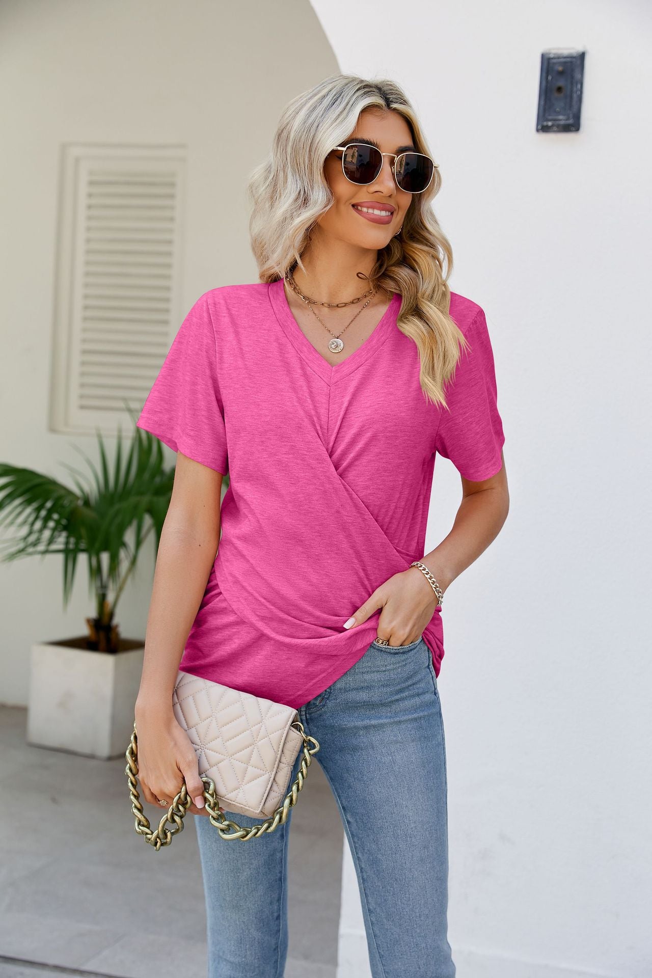 V-Neck Crisscross Short Sleeve Tee Shirts & Tops- Doll Fits