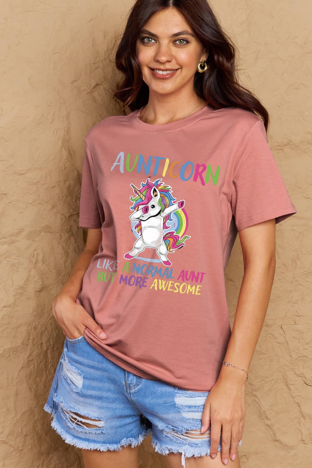 Simply Love Full Size AUNTICORN LIKE A NORMAL AUNT BUT MORE AWESOME Graphic Cotton Tee - Doll Fits