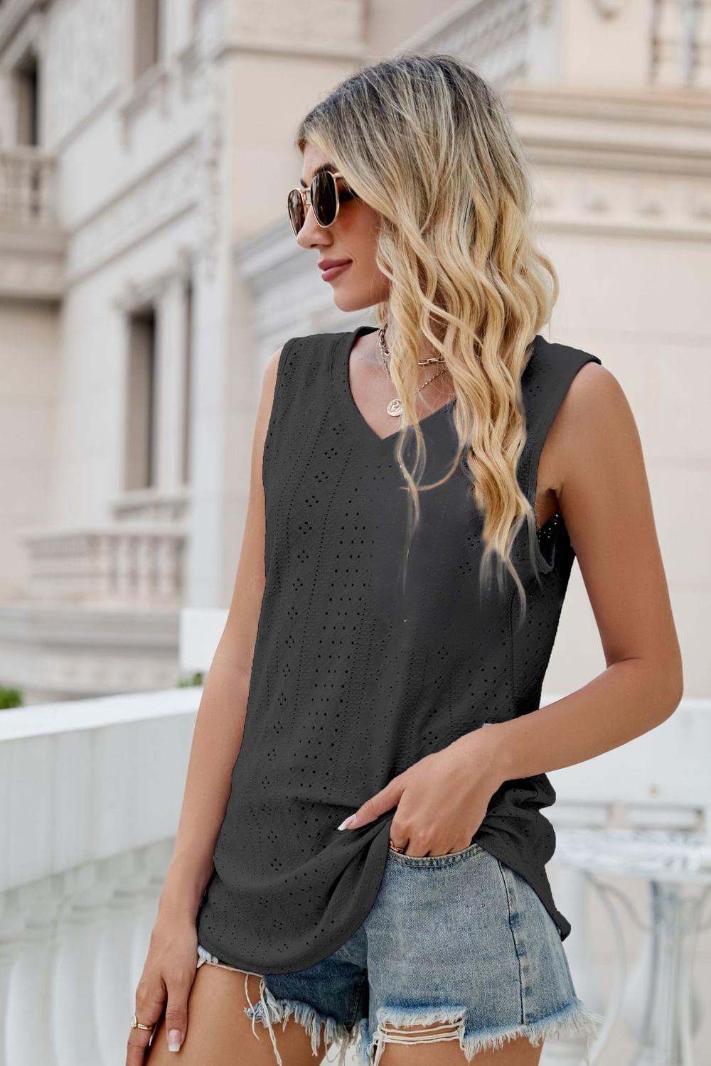 Eyelet V-Neck Tank Shirts & Tops- Doll Fits