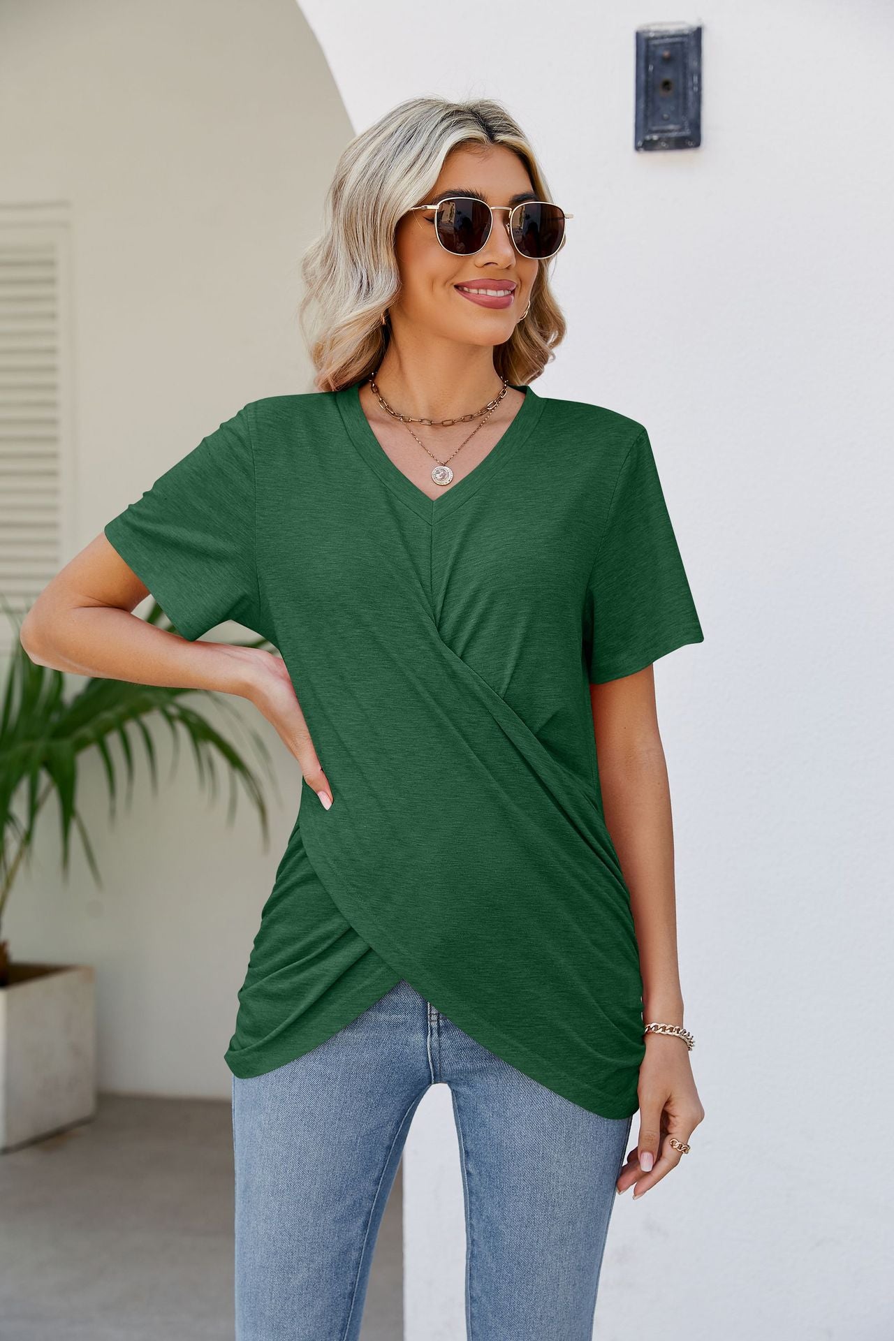 V-Neck Crisscross Short Sleeve Tee Shirts & Tops- Doll Fits