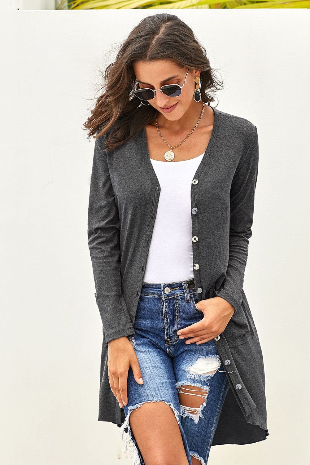 V-Neck Long Sleeve Cardigan with Pocket - Doll Fits