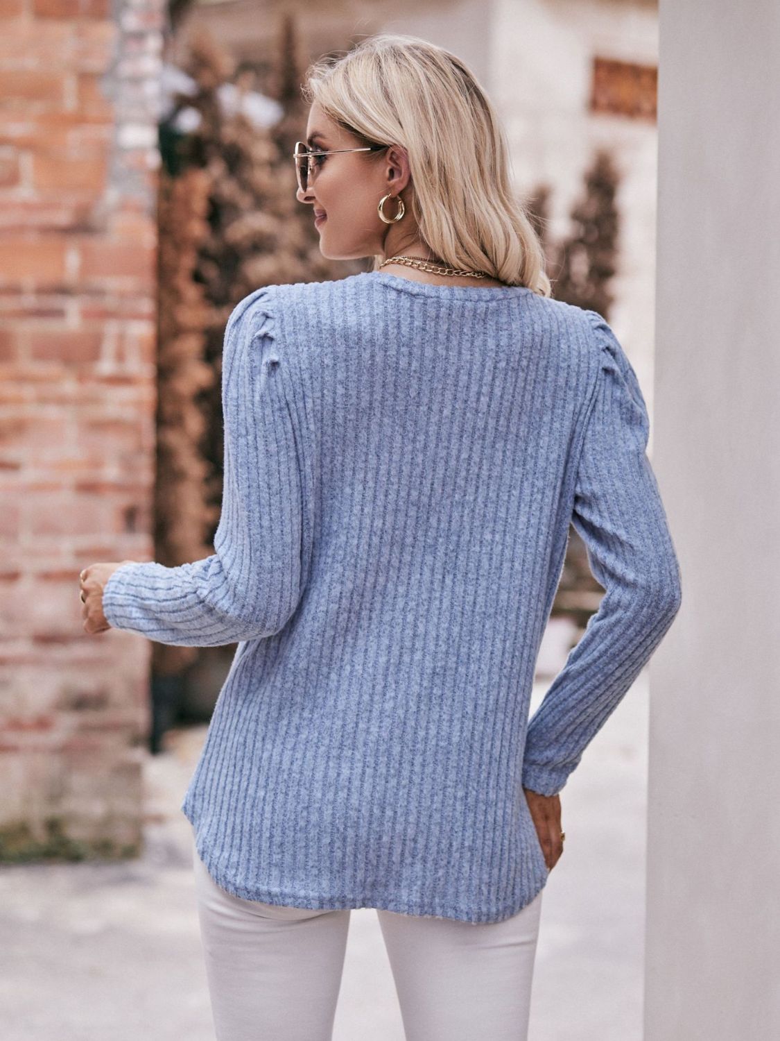 Round Neck Puff Sleeve Ribbed Top Shirts & Tops- Doll Fits