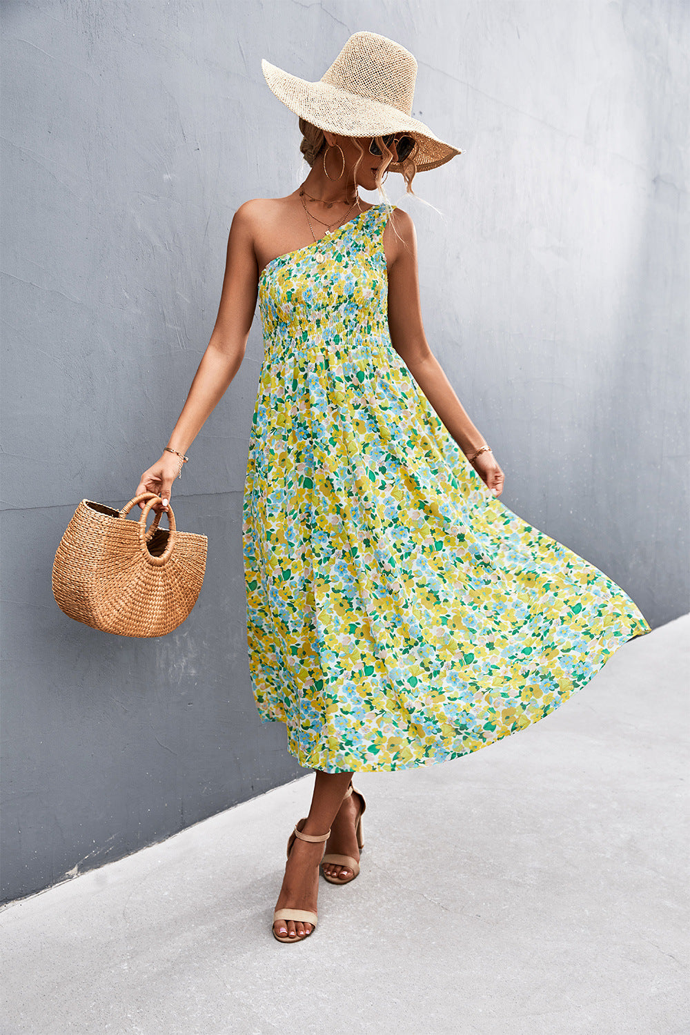 Floral Smocked One-Shoulder Midi Dress Dresses- Doll Fits