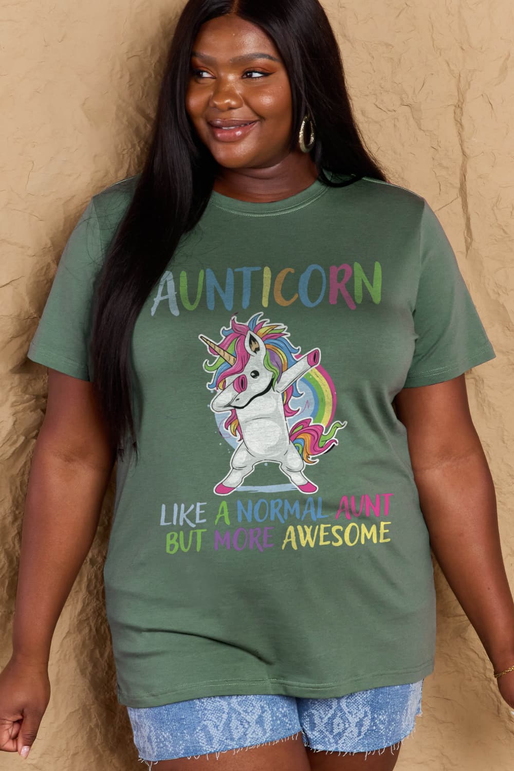 Simply Love Full Size AUNTICORN LIKE A NORMAL AUNT BUT MORE AWESOME Graphic Cotton Tee - Doll Fits