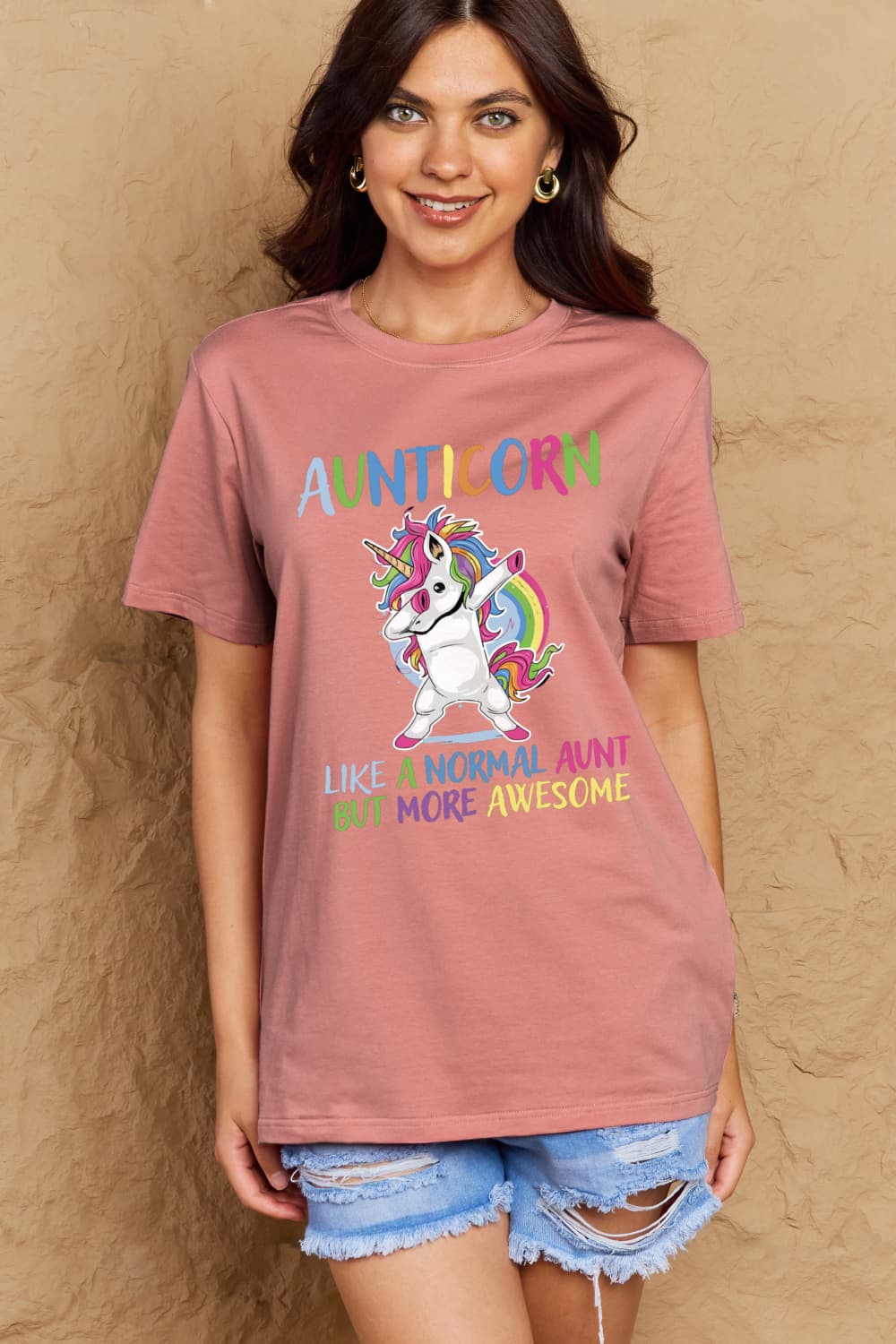 Simply Love Full Size AUNTICORN LIKE A NORMAL AUNT BUT MORE AWESOME Graphic Cotton Tee - Doll Fits