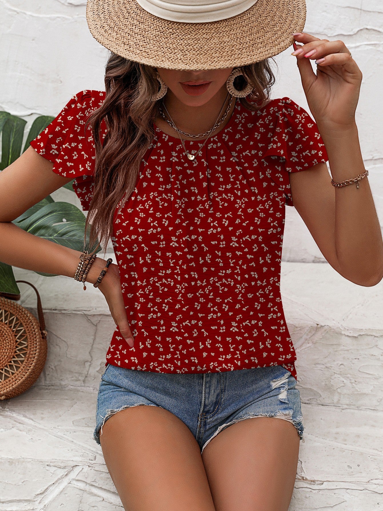 Textured Flutter Sleeve Blouse Shirts & Tops- Doll Fits