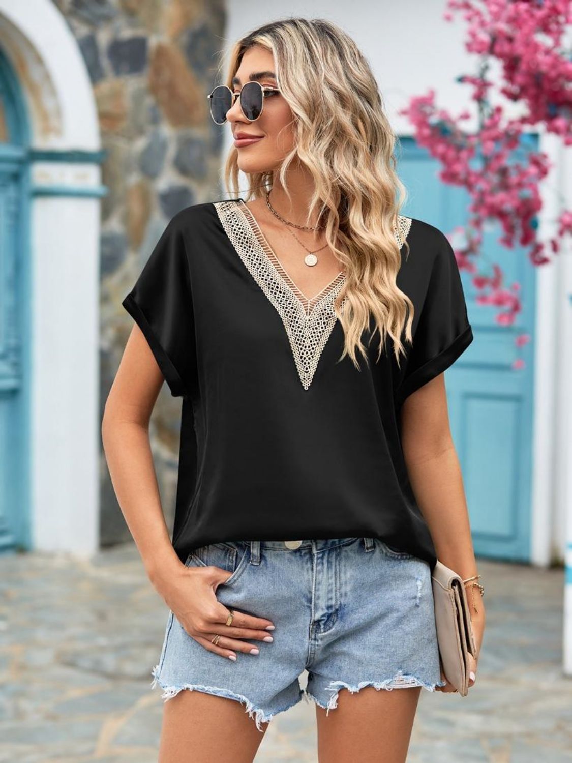 V-Neck Cuffed Blouse Shirts & Tops- Doll Fits
