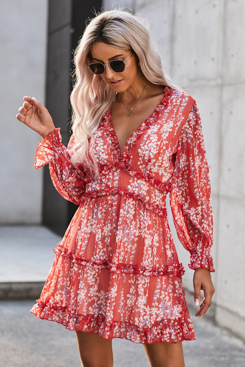 Floral Frill Trim Plunge Flounce Sleeve Dress Dresses- Doll Fits