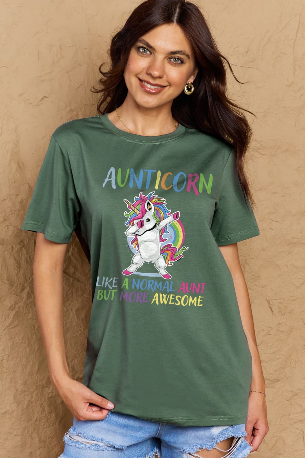 Simply Love Full Size AUNTICORN LIKE A NORMAL AUNT BUT MORE AWESOME Graphic Cotton Tee - Doll Fits
