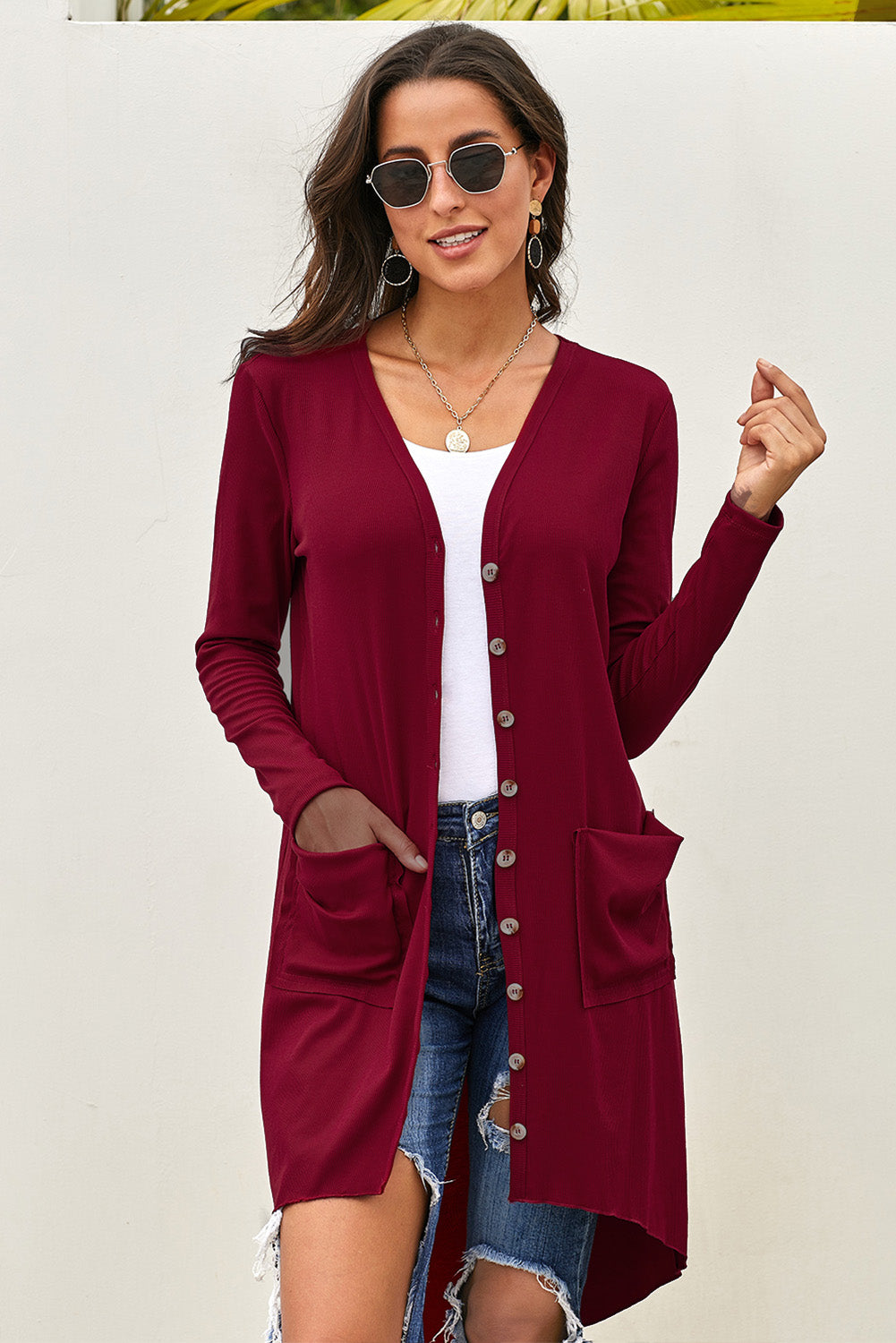 V-Neck Long Sleeve Cardigan with Pocket - Doll Fits