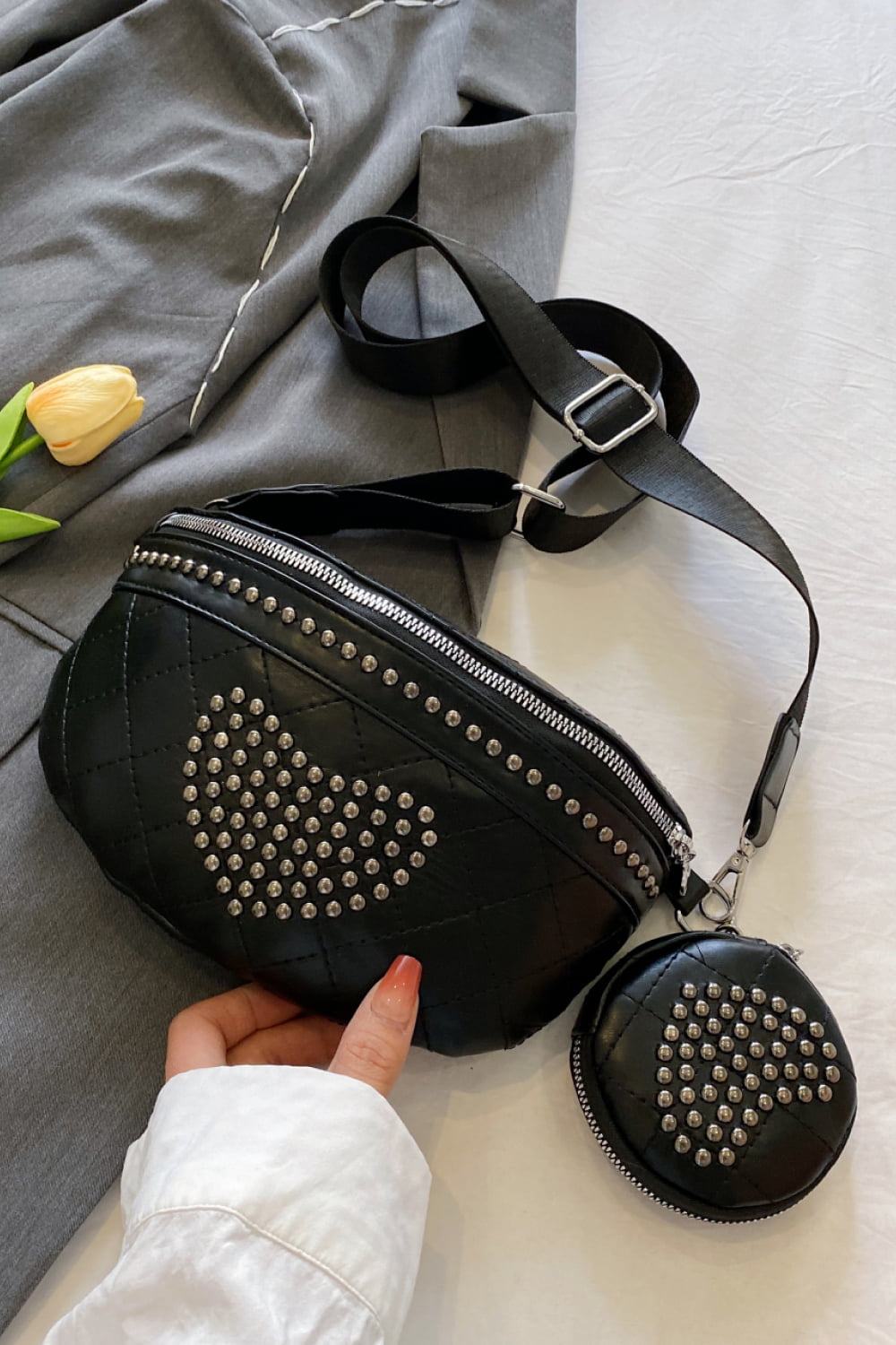 Studded PU Leather Sling Bag with Small Purse - Doll Fits