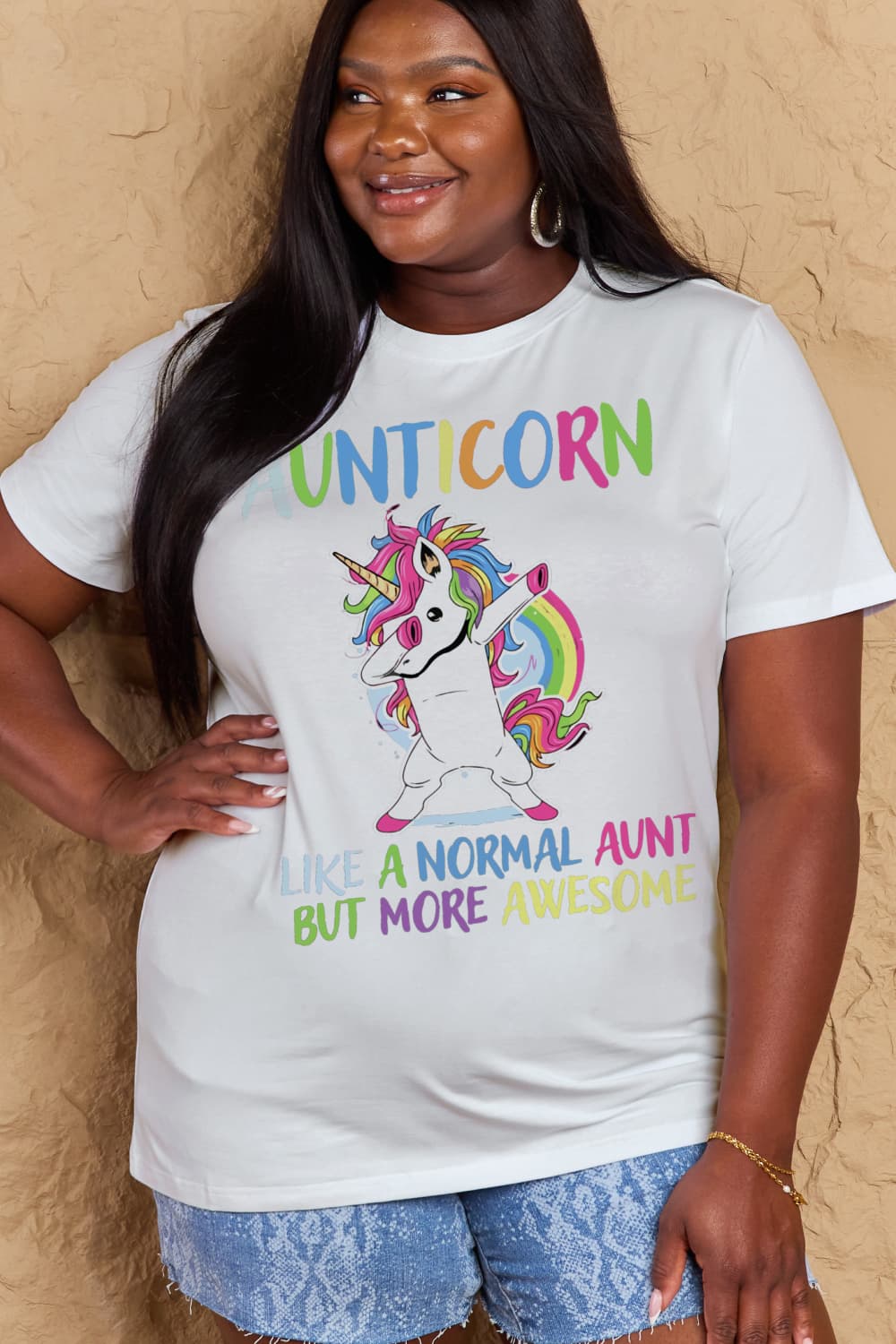 Simply Love Full Size AUNTICORN LIKE A NORMAL AUNT BUT MORE AWESOME Graphic Cotton Tee - Doll Fits